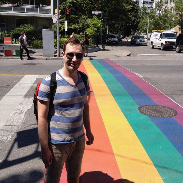 Church Street crosswalk done in the pride flag colours. Gorgeous day for #worldpride