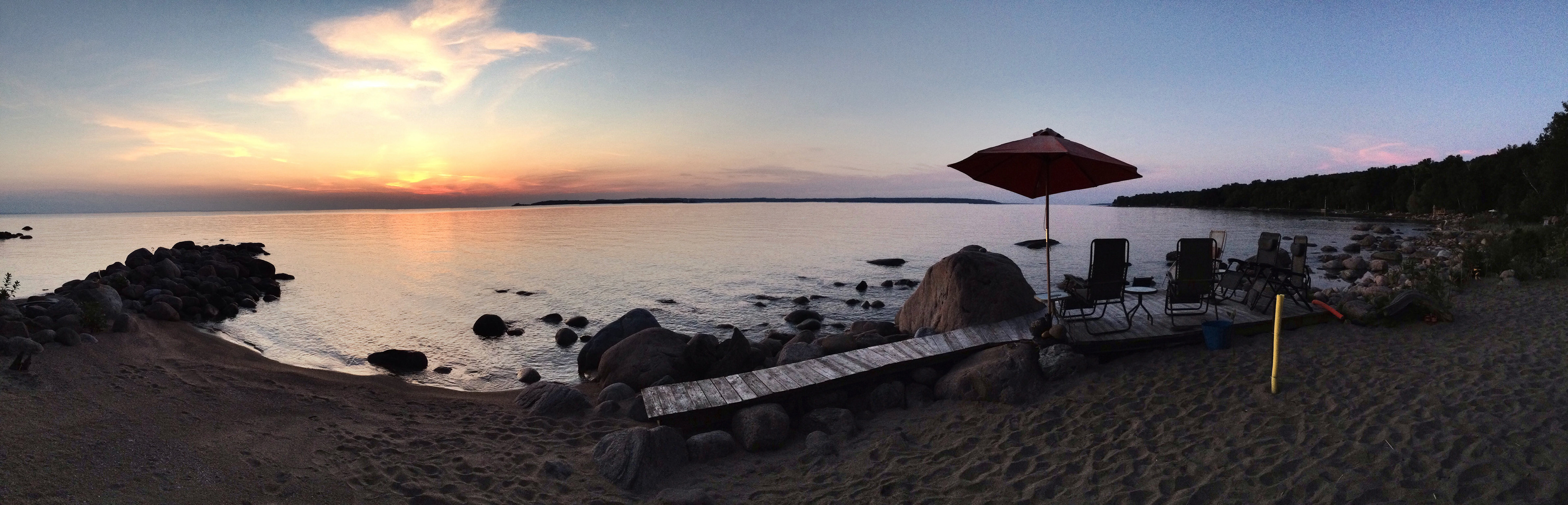 Twilight panorama - Nottawasaga Bay, Christian Island in the center, and the shore.
