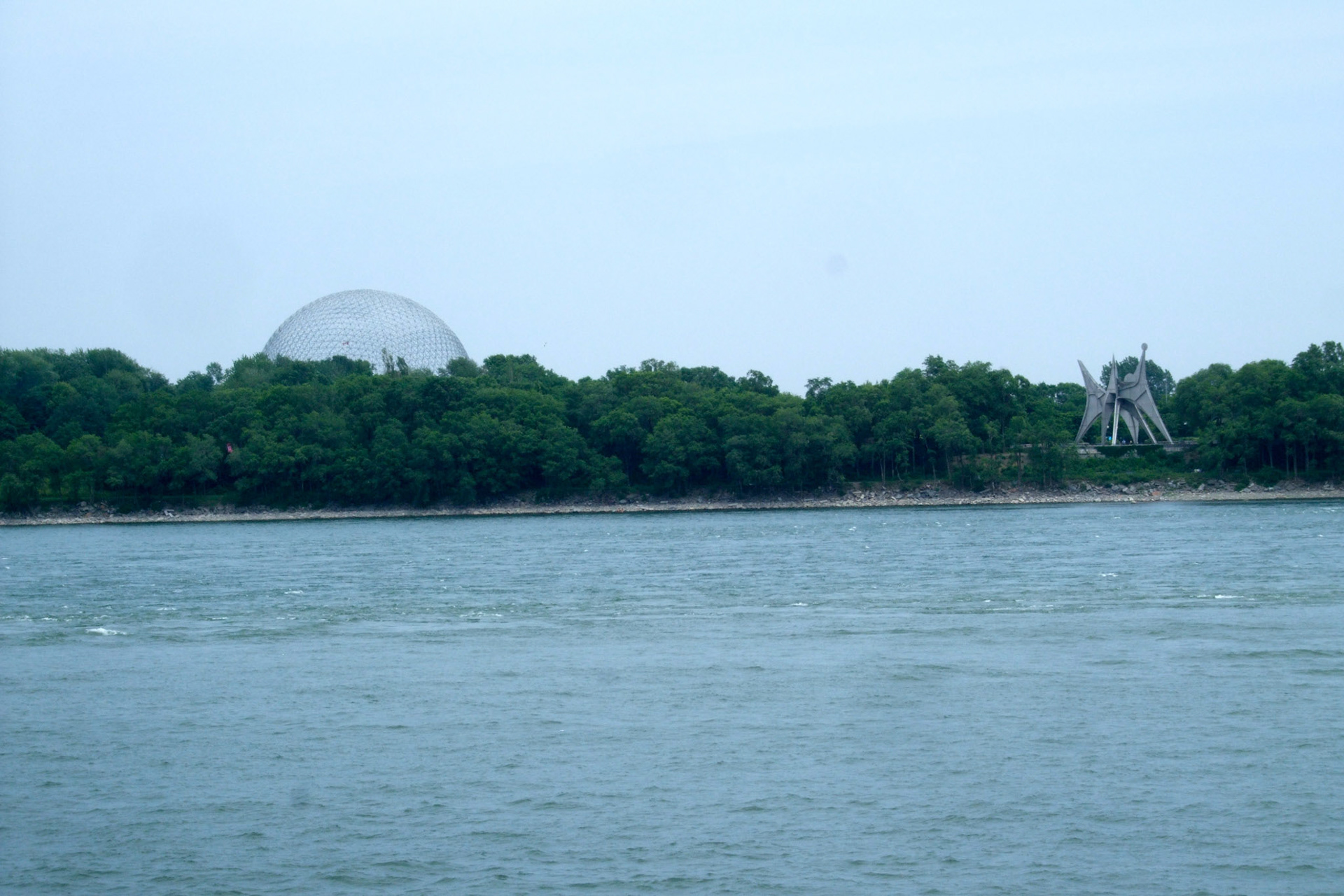 Looking at Ile Saint-Helene across the Saint Lawrence, with the Montreal Biosphere in the distance