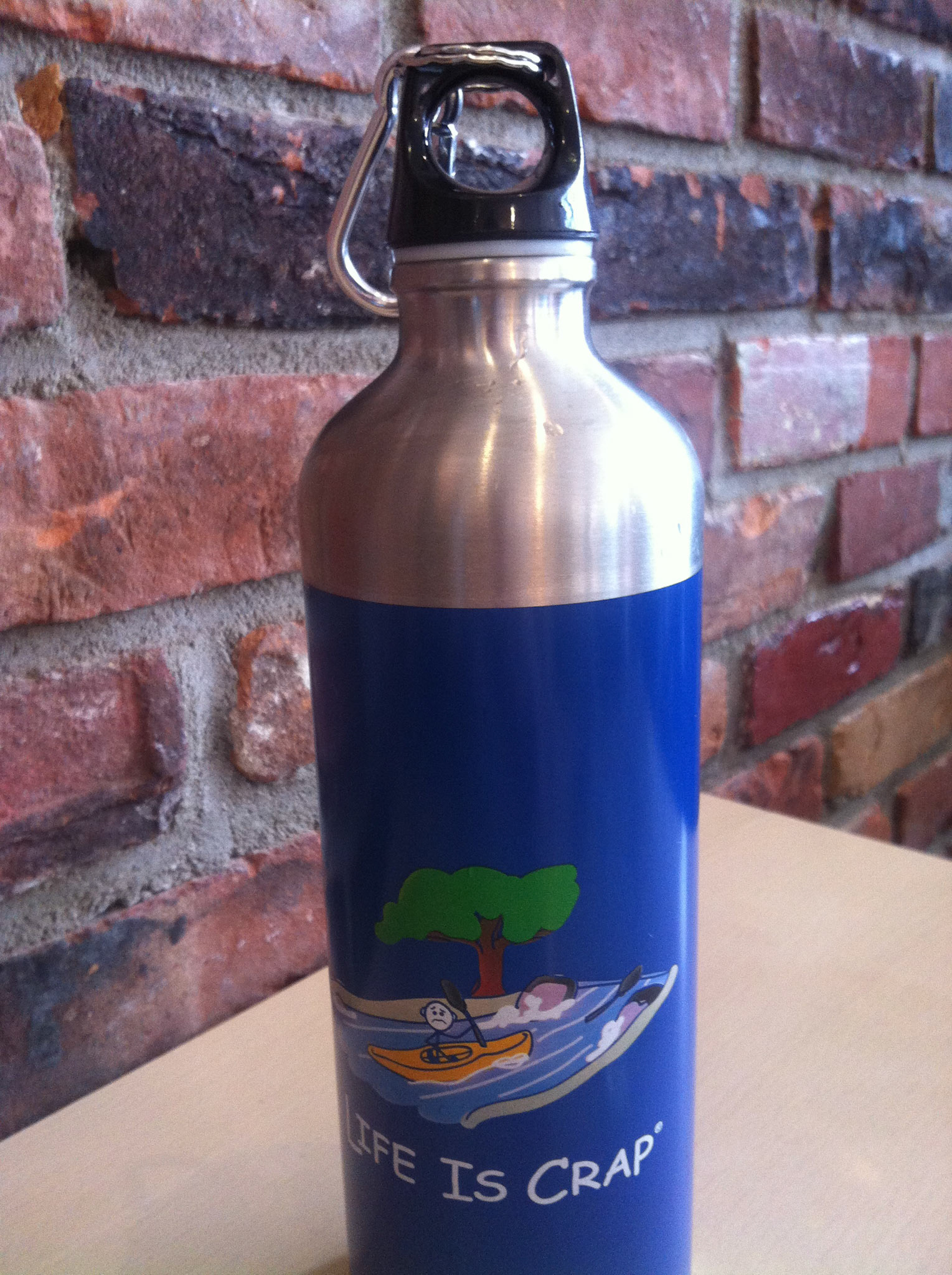 I got this super-fun water bottle that pokes fun at the "Life is Good" brand