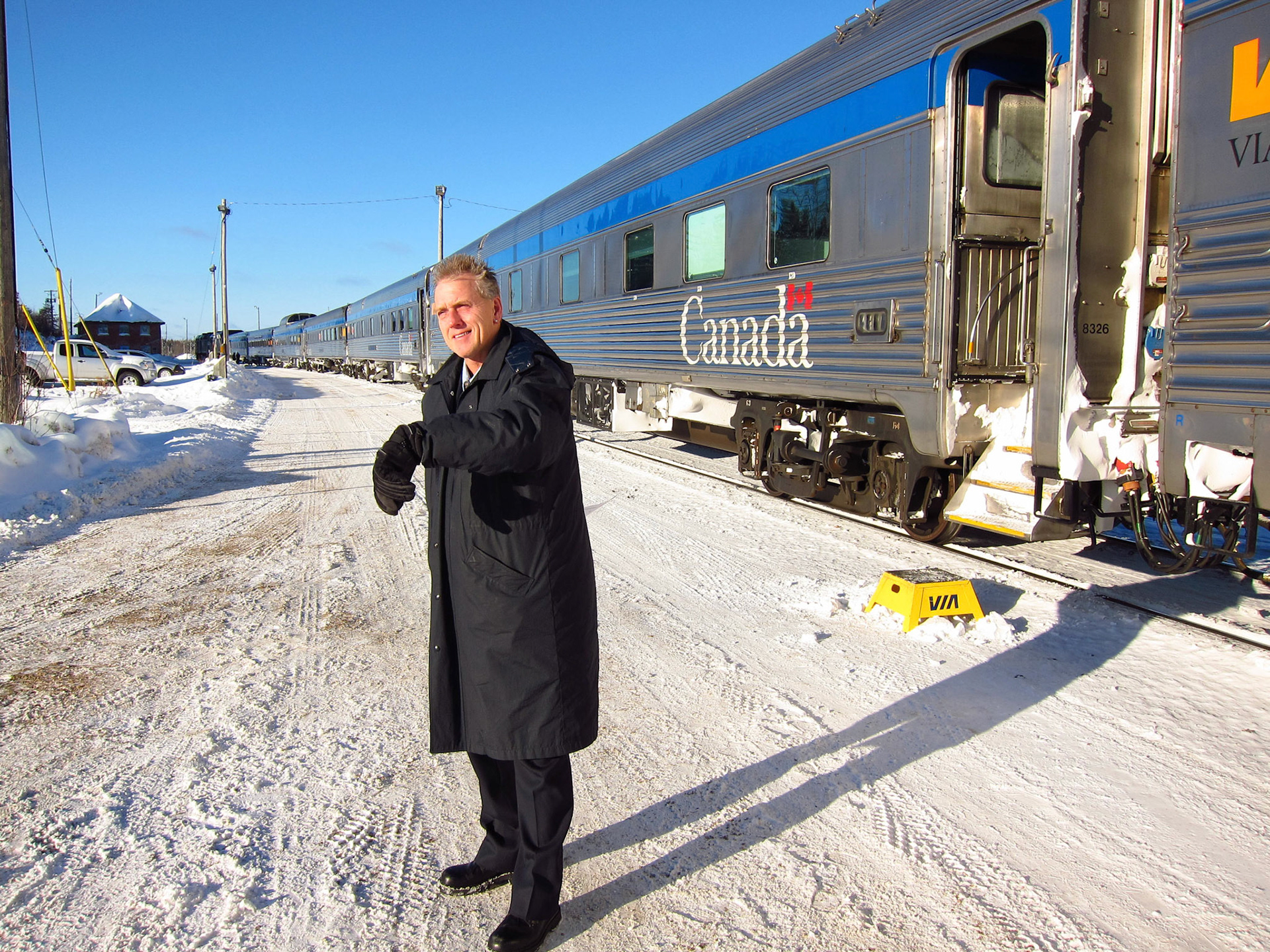 Brian, one of the service attendants, keeps us on time during our stop in Hornepayne