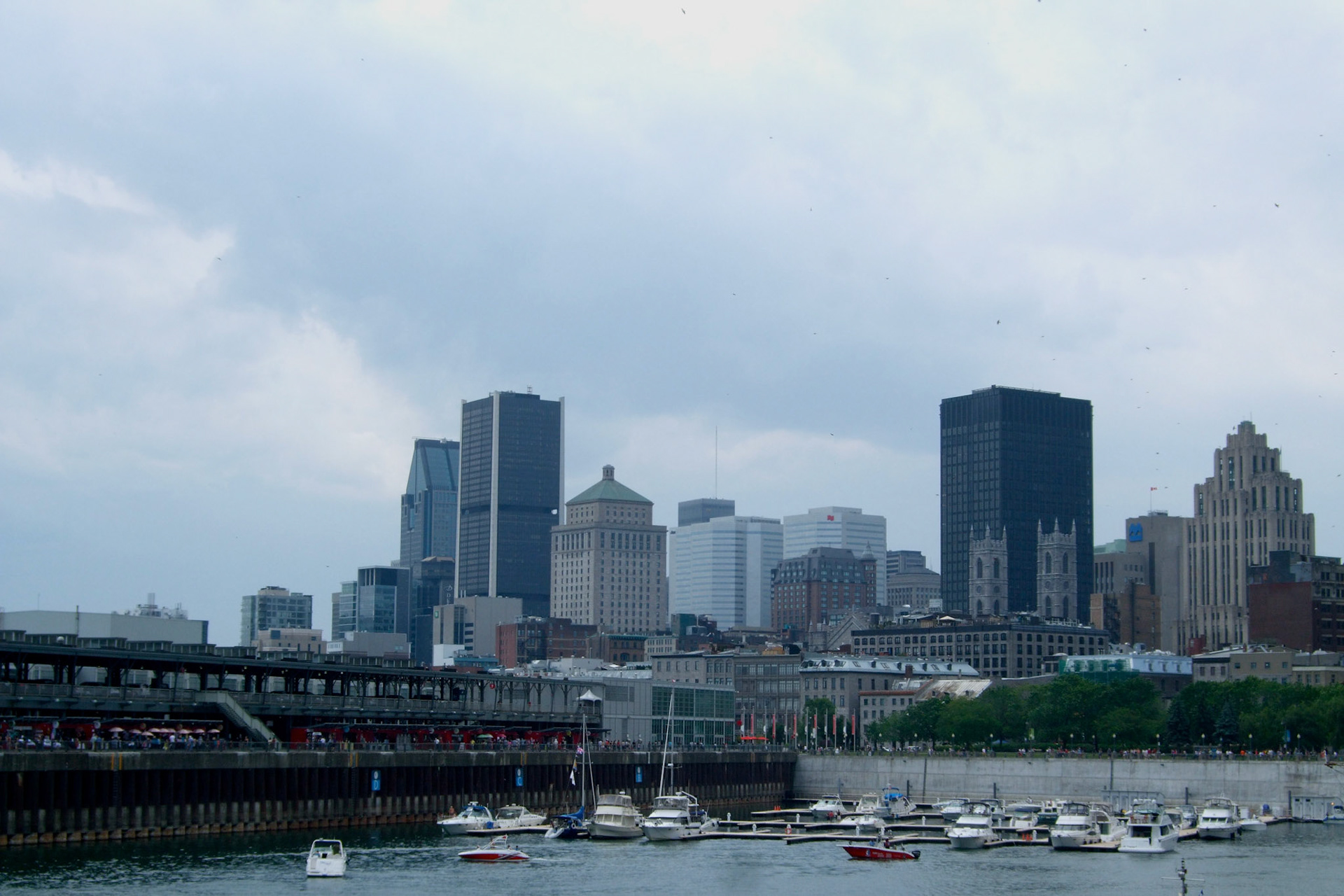 Looking at the Montreal skyline from Old Port