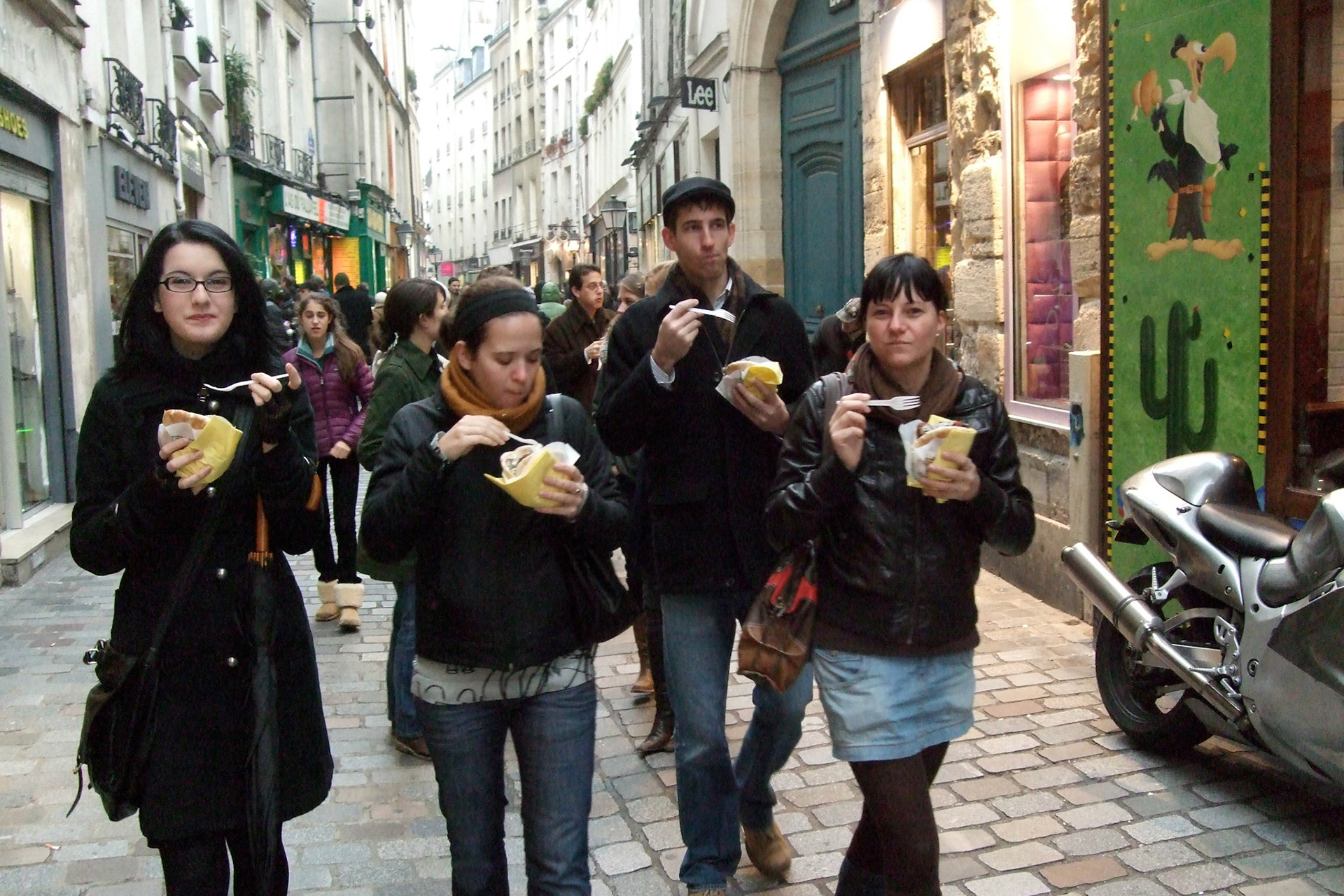 Silence all around as Bella, Mara, Matt and Tamara sink into their fallafels from the Jewish Quarter