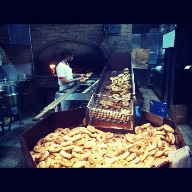 There's bagels. And then fresh out of the wood fire St. Viateur sesame Montreal bagels... And you're spoiled then on in
