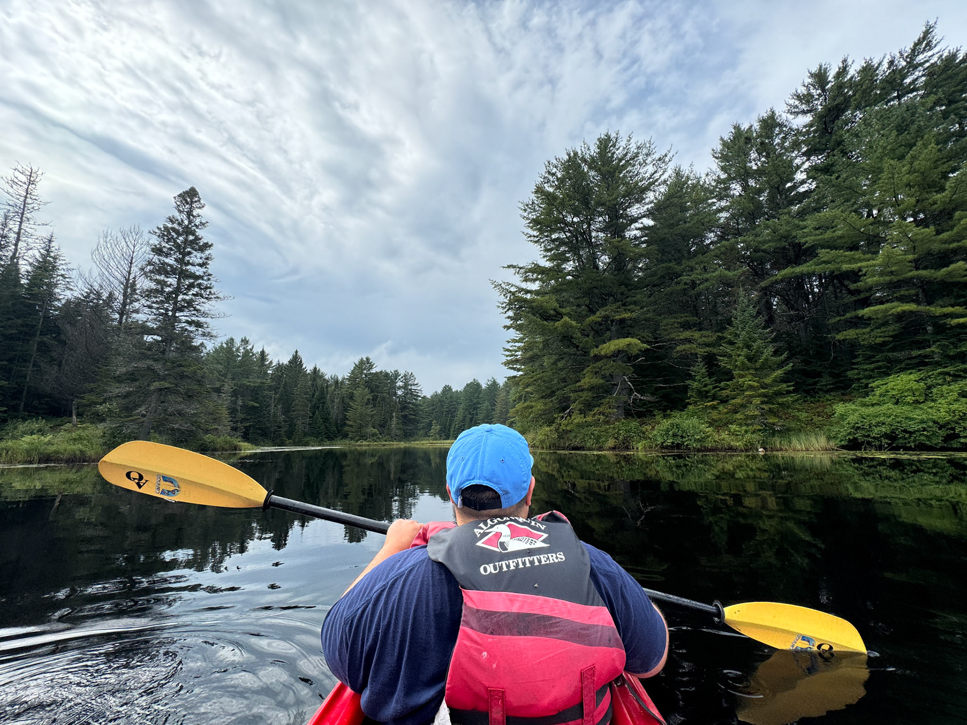 On Saturday, we timed a perfect window of opportunity in between two rain storms and rented a kayak to paddle from Pog Lake to Lake of Two Rivers and back. It was wonderful to be on the water paddling again