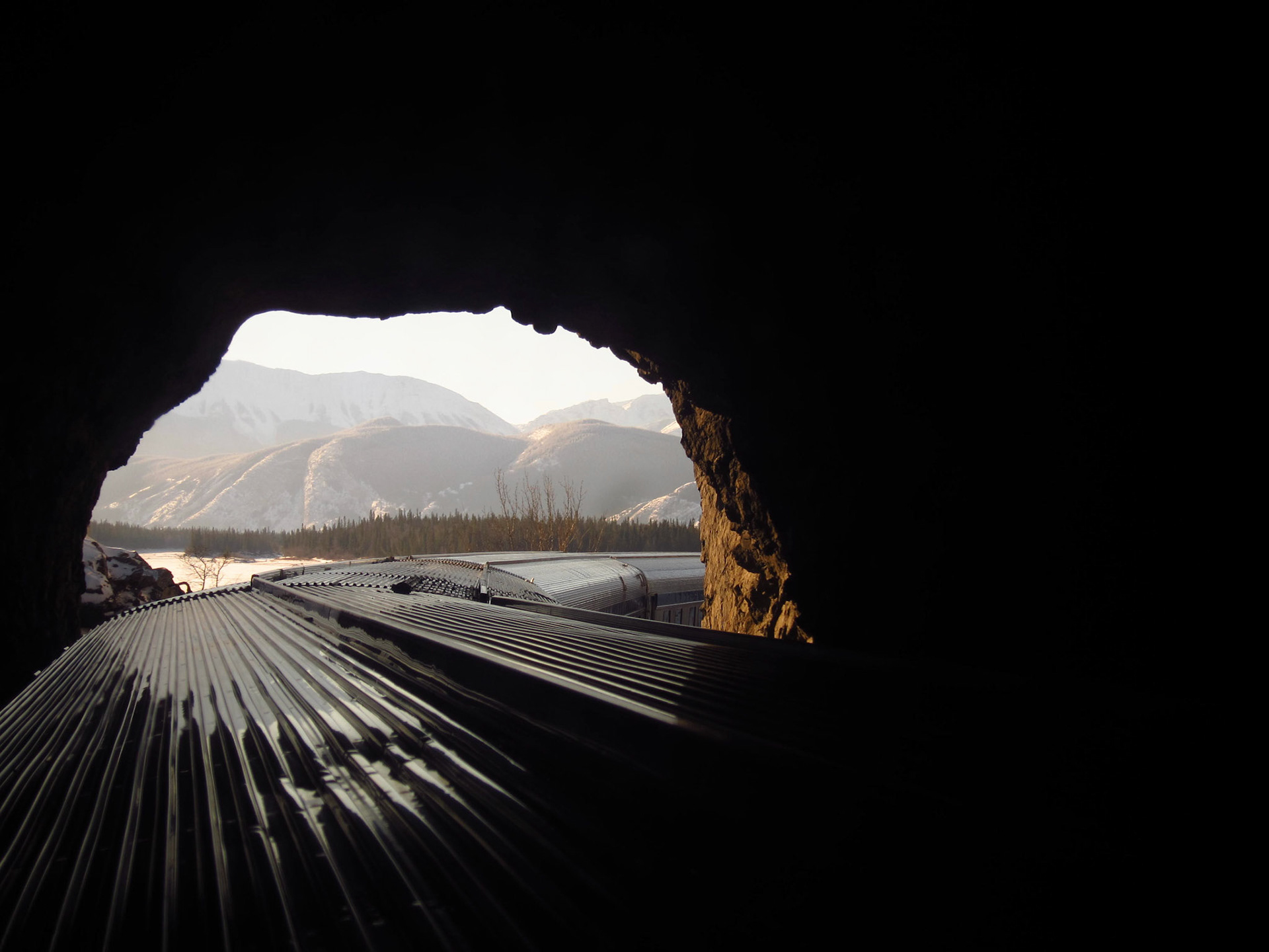 Literally passing through the Rockies - The Canadian goes though a mountain tunnel