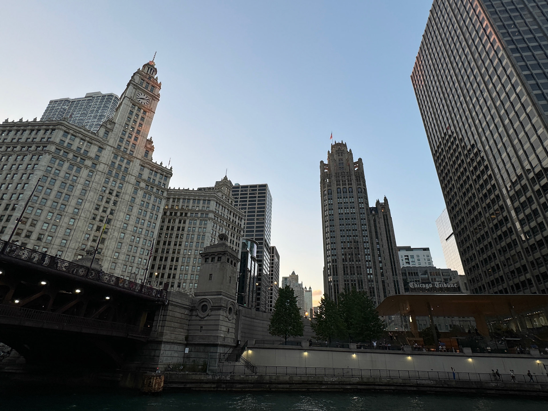 The Wrigley Building (left) and the Tribune building (right)