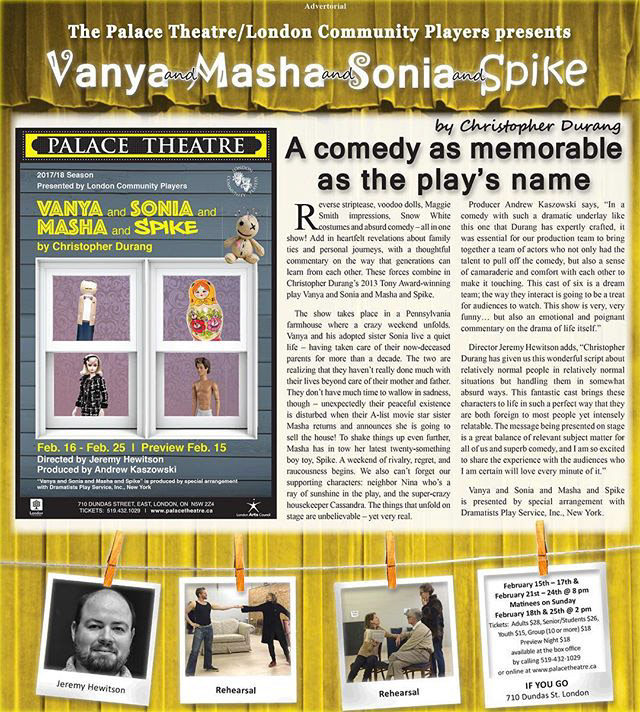 "An unforgettable riot of laughter"⠀ Check out "Vanya and Sonia and Masha and Spike's" advertorial as featured in The Londoner!⠀ This awesome play by Christopher Durang is on Feb. 15-25 at the Palace Theatre!⠀ Tickets: https://goo.gl/N2jvad