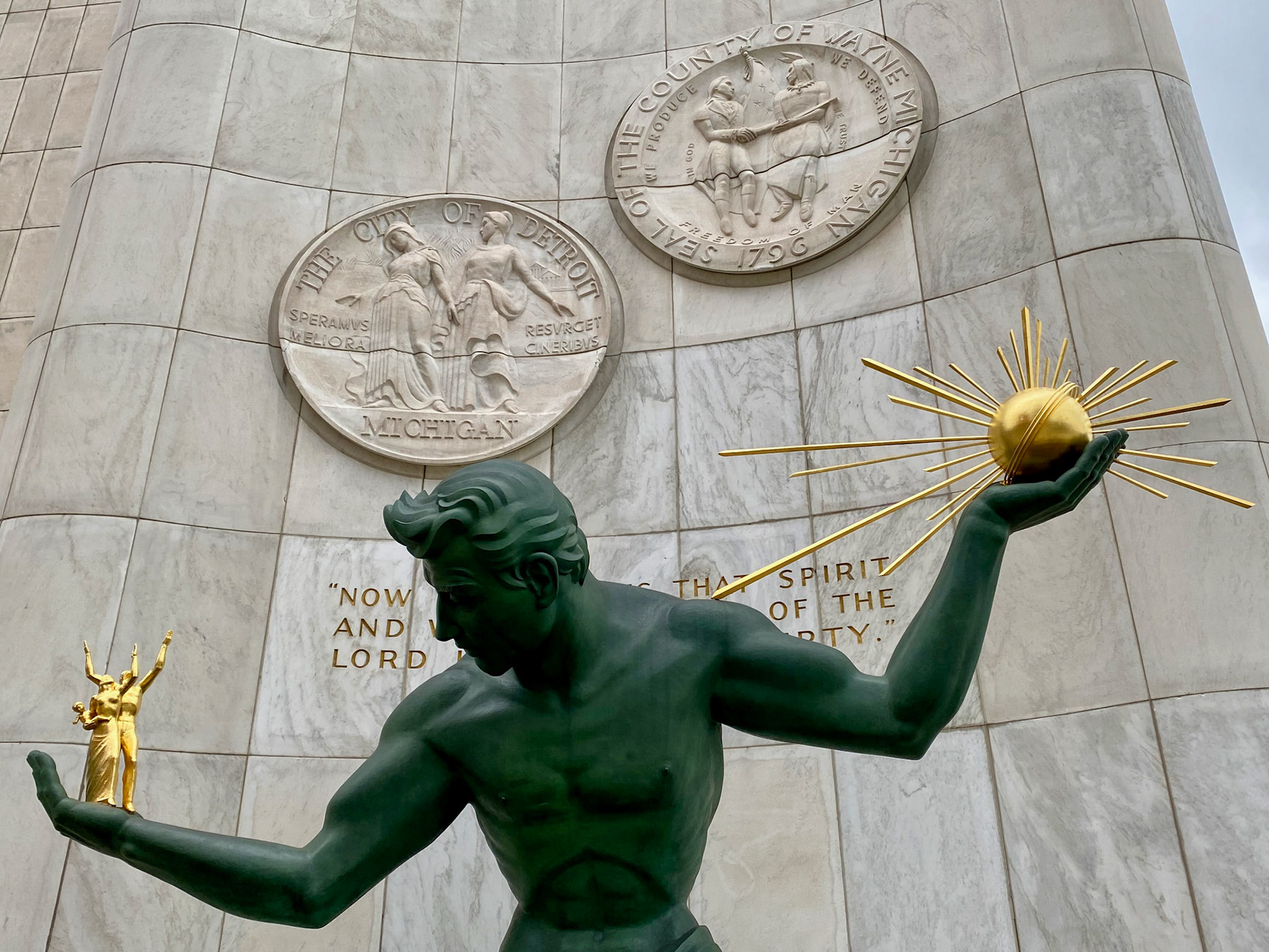 "The Spirit of Detroit" statue - downtown Detroit - April 2023