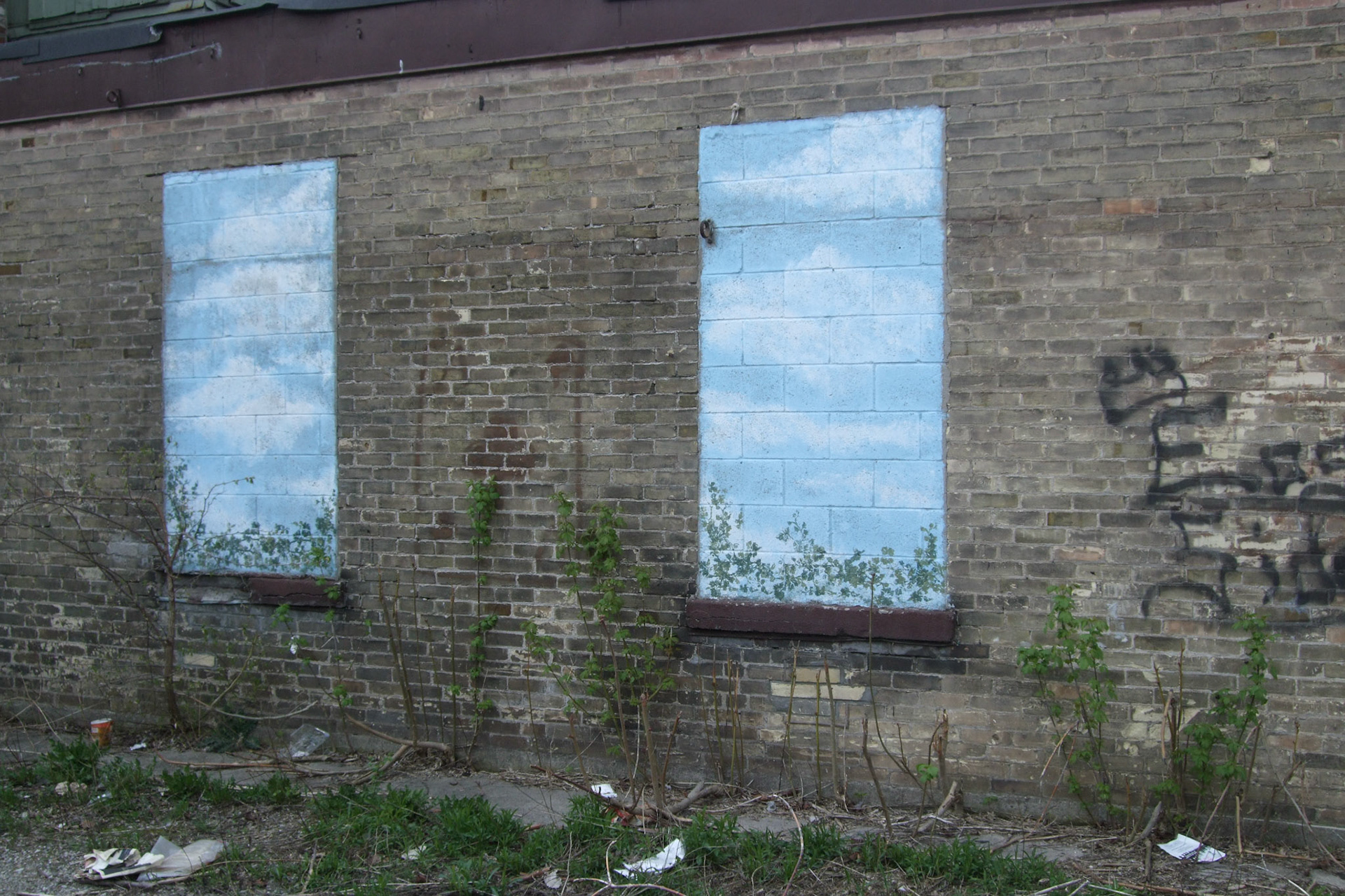 In the Old East back alley. Windows painted - as if looking out from the vacant alley to a more beautiful scene