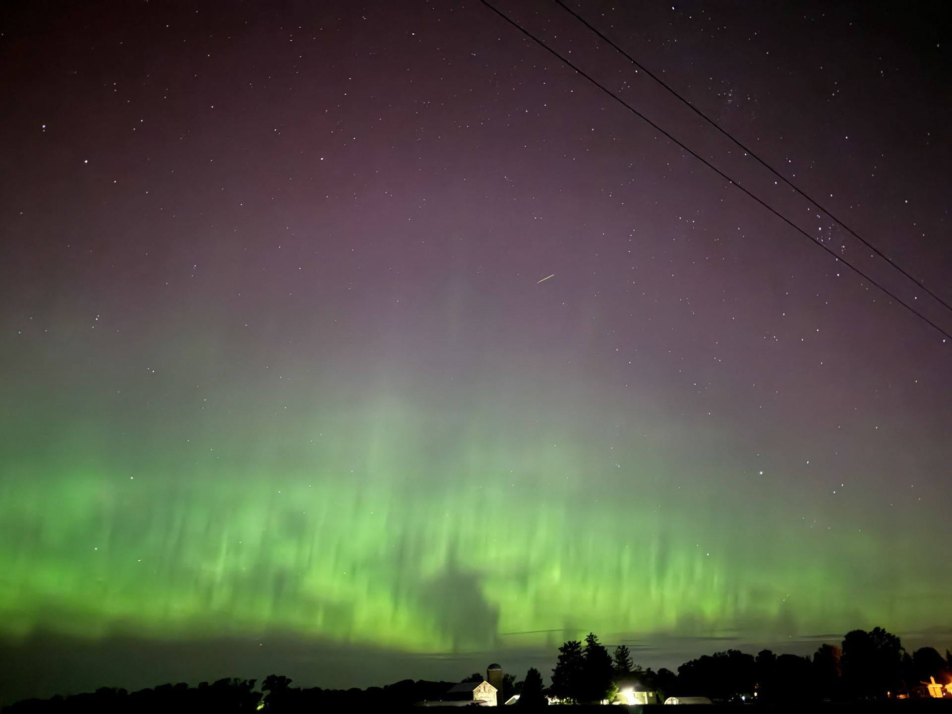 Northern Lights, and if you look very closely a shooting star from Perseid -  1:34am August 12, 2024 - Eight Mile Road and Adelaide Street, north of London, Ontario