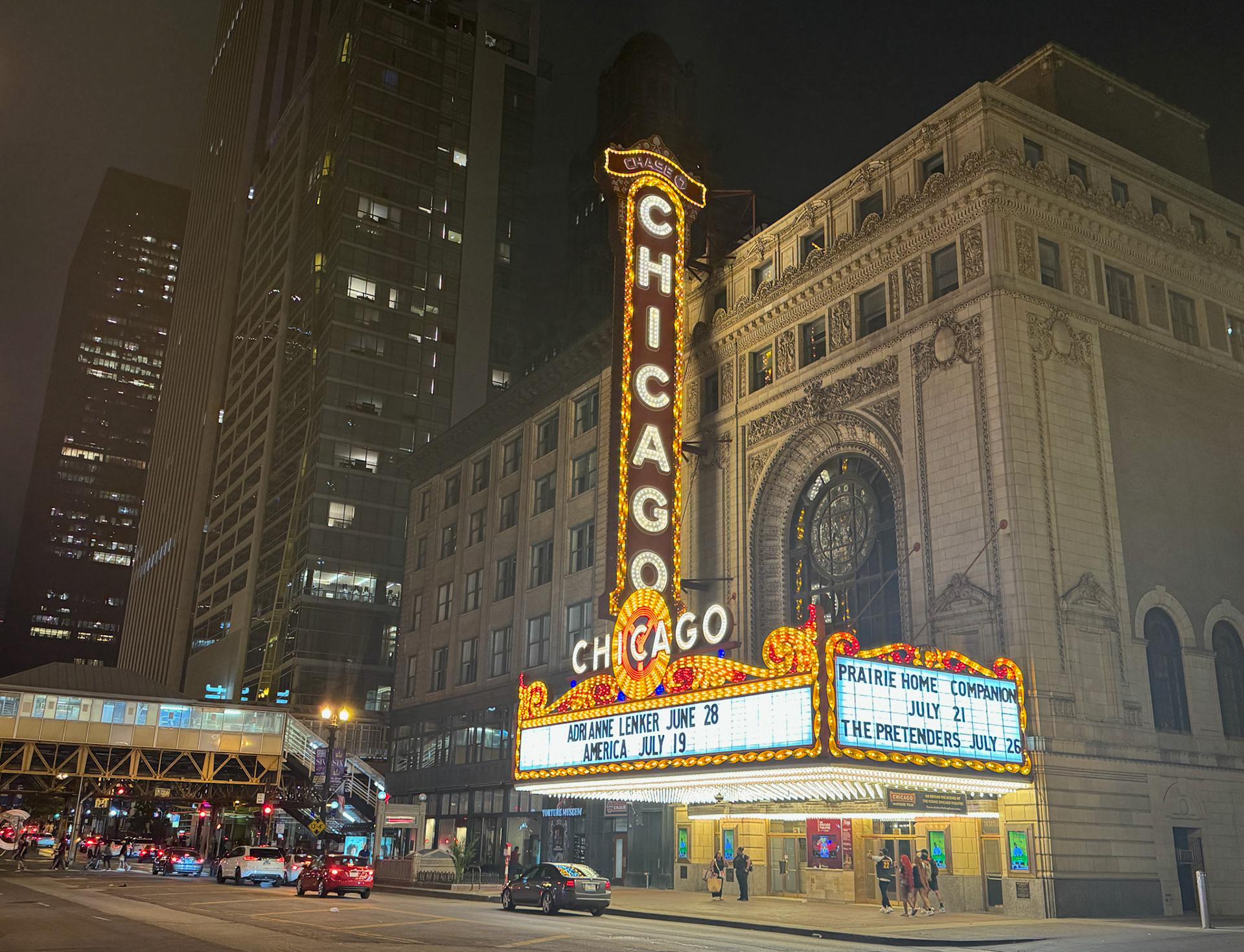 The brightly-lit marquee of the Chicago Theatre