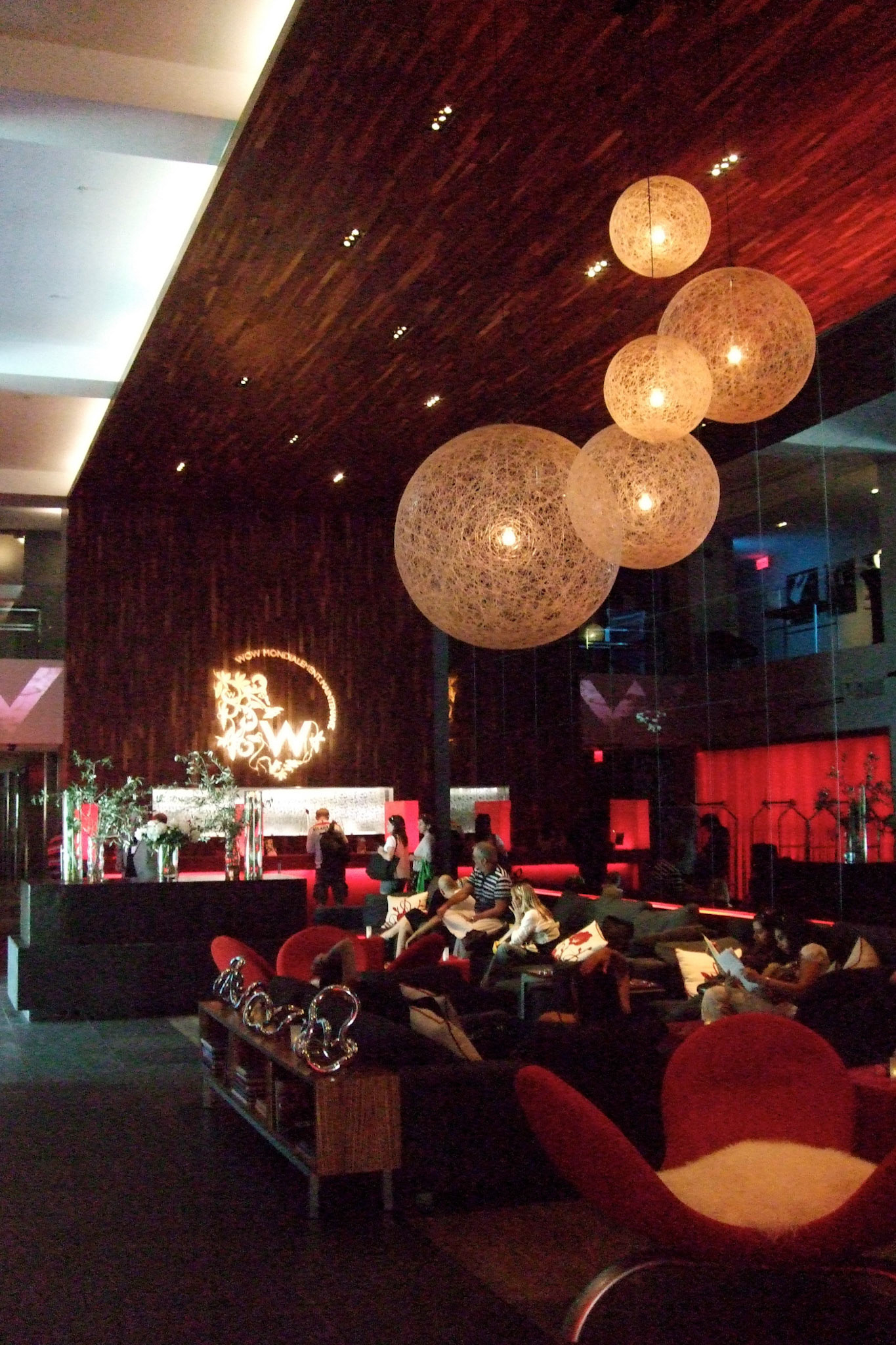 The nightclub/lounge-like lobby of the W Hotel Montreal