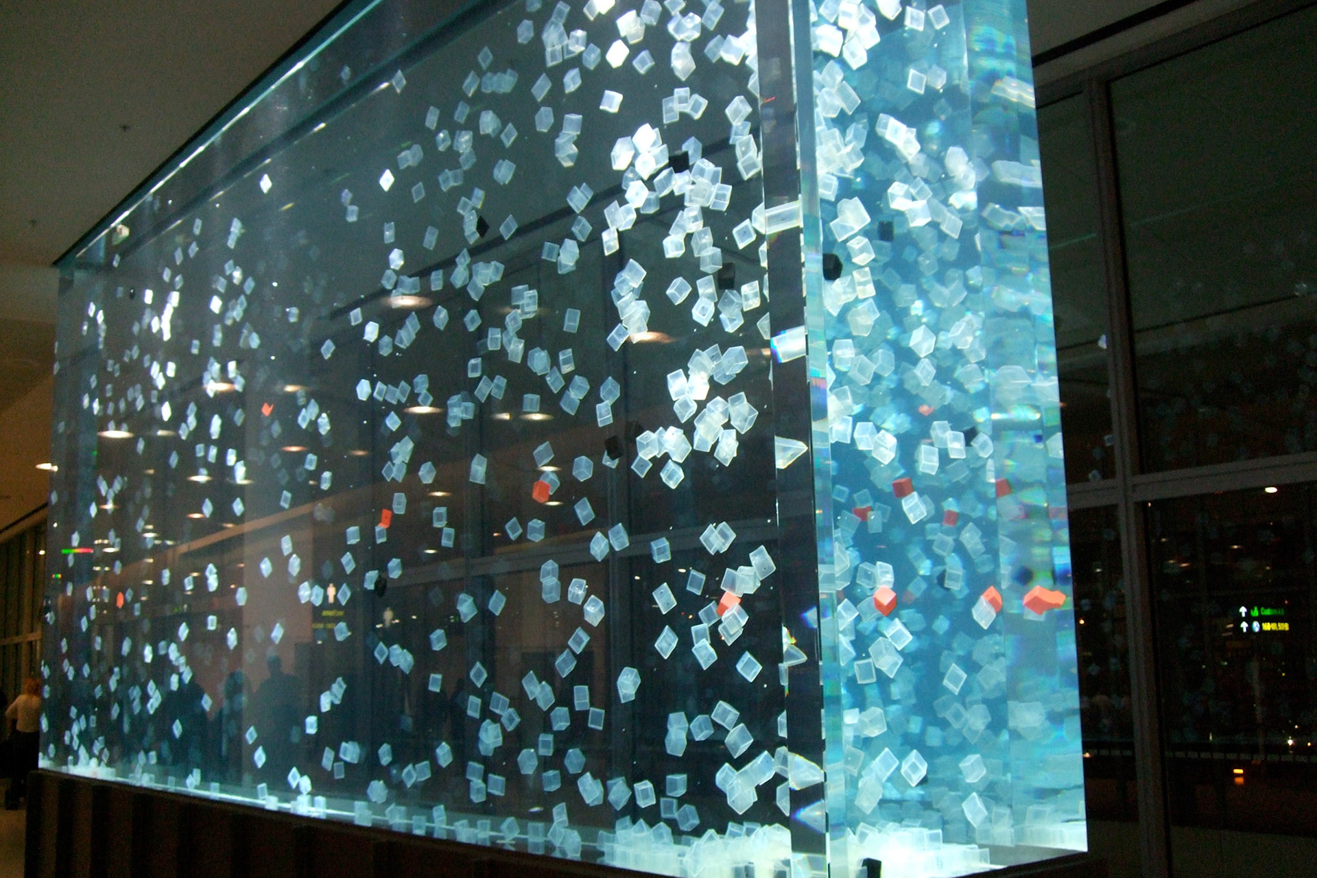 Pretty much the coolest piece of airport art in the world: the floating cube tank at Pearson International in Toronto