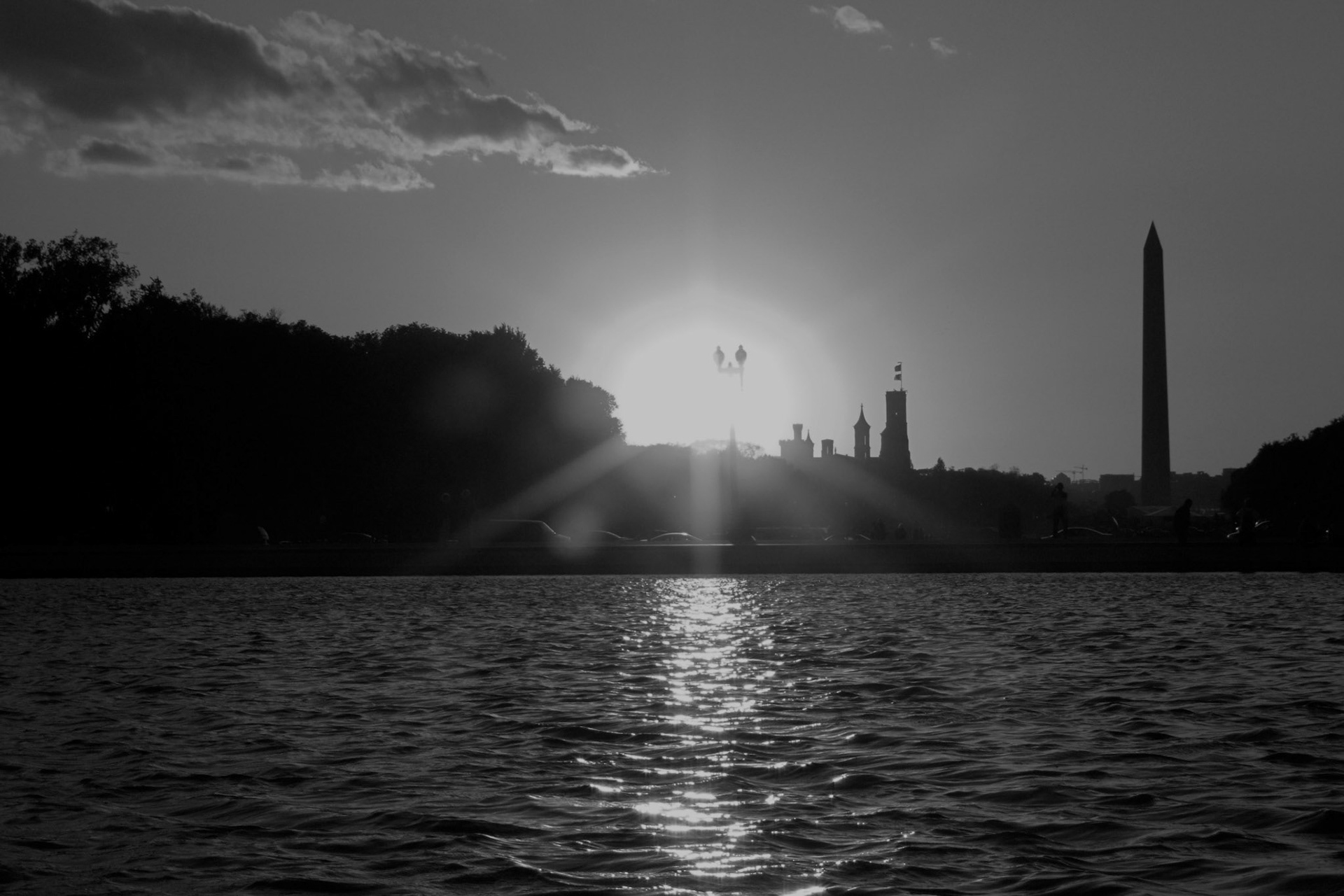 Sunset at the National Mall from the pool beside the Capitol Building. Thought it looked nifty in b&amp;w