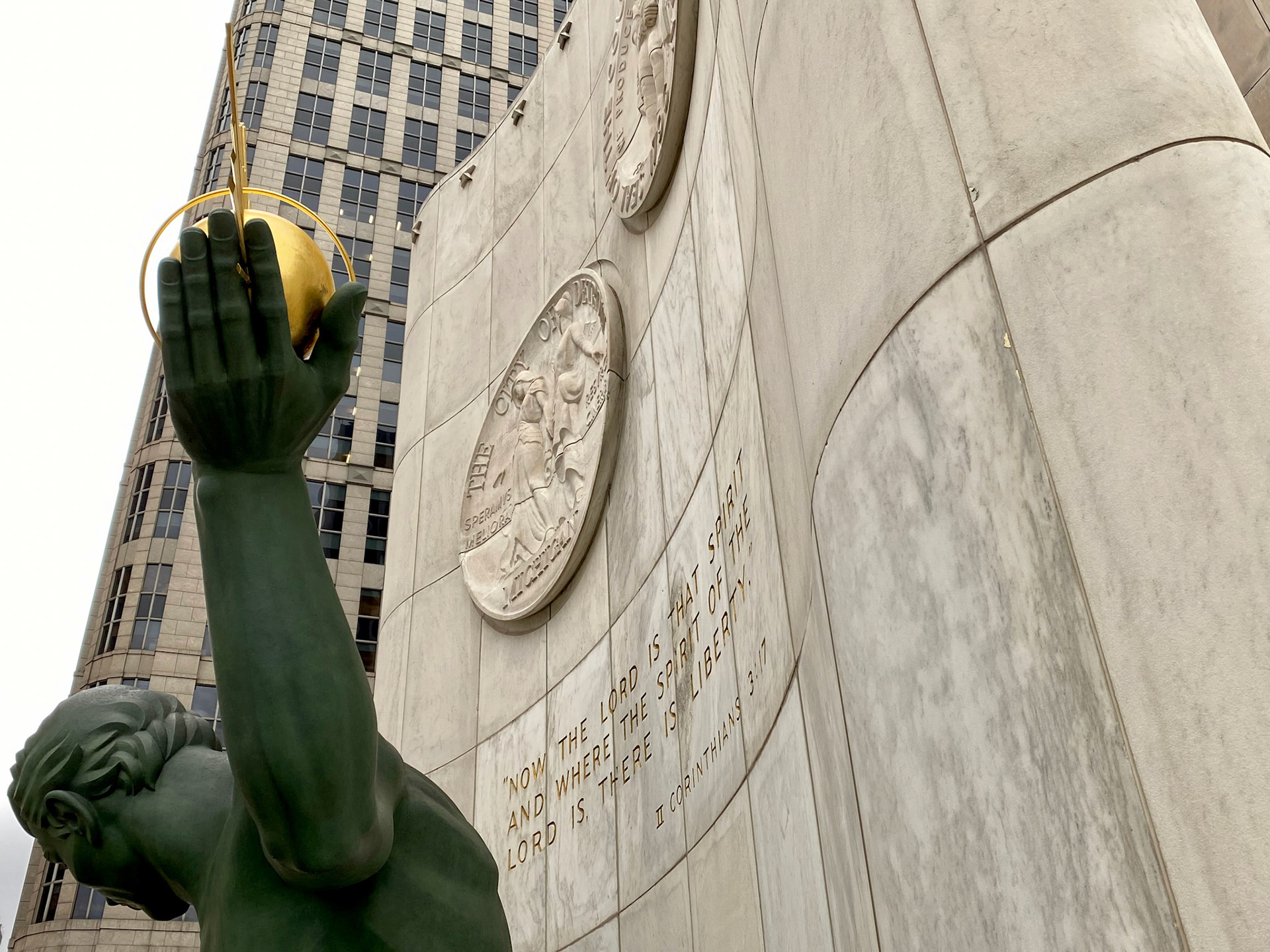 "The Spirit of Detroit" statue - downtown Detroit - April 2023