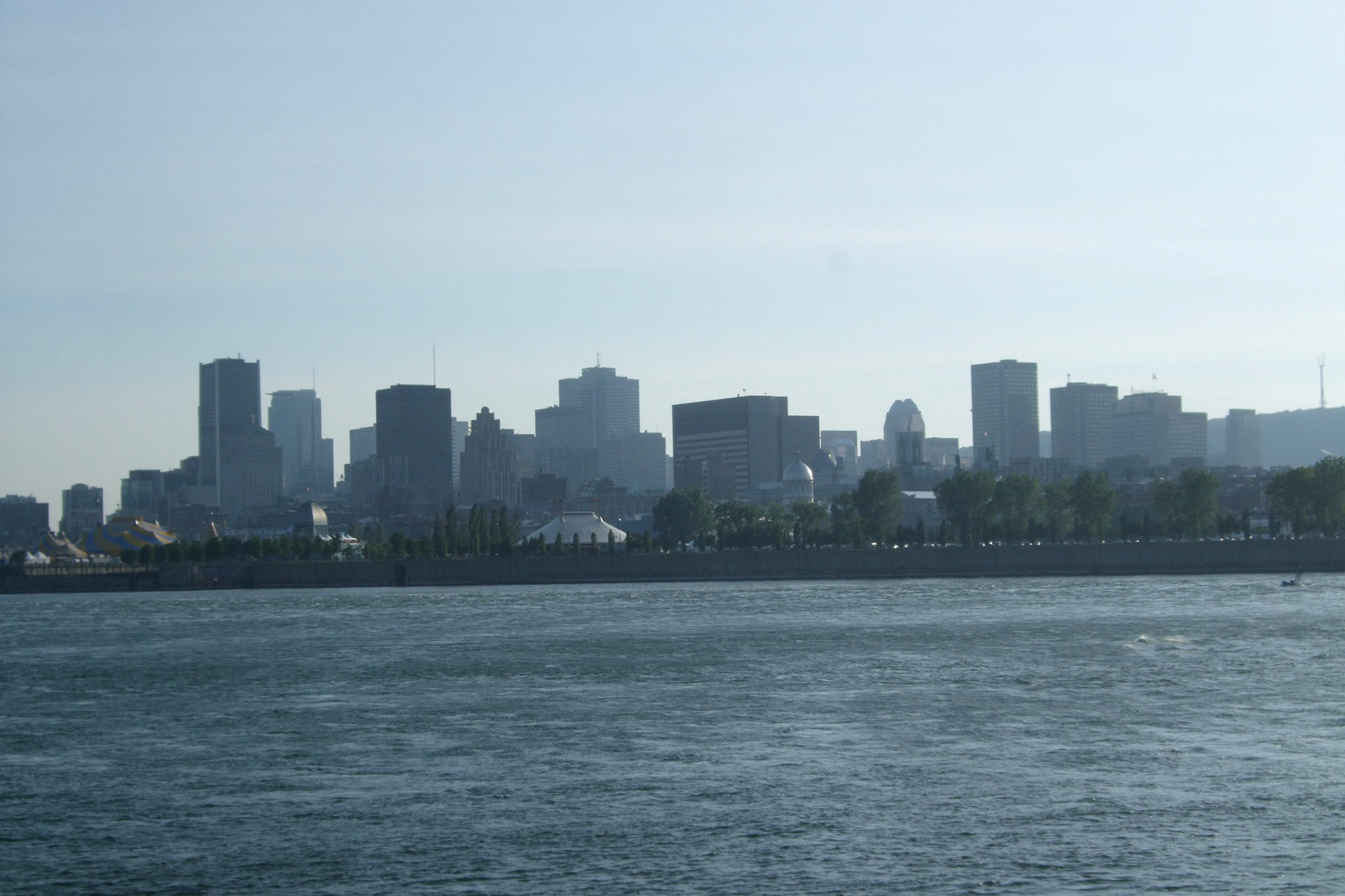 The Montreal skyline across the Saint Lawrence from Ile Sainte Helene