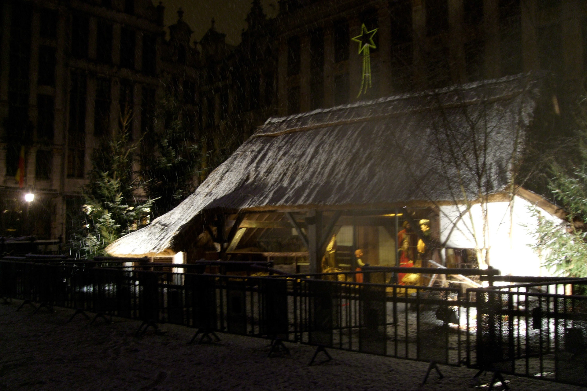 Snow falling on the Nativity scene in Brussels' Grand Place