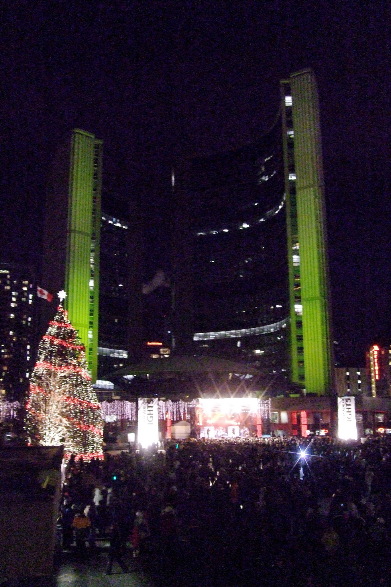 Toronto City Hall all lit up at night, just before the fireworks