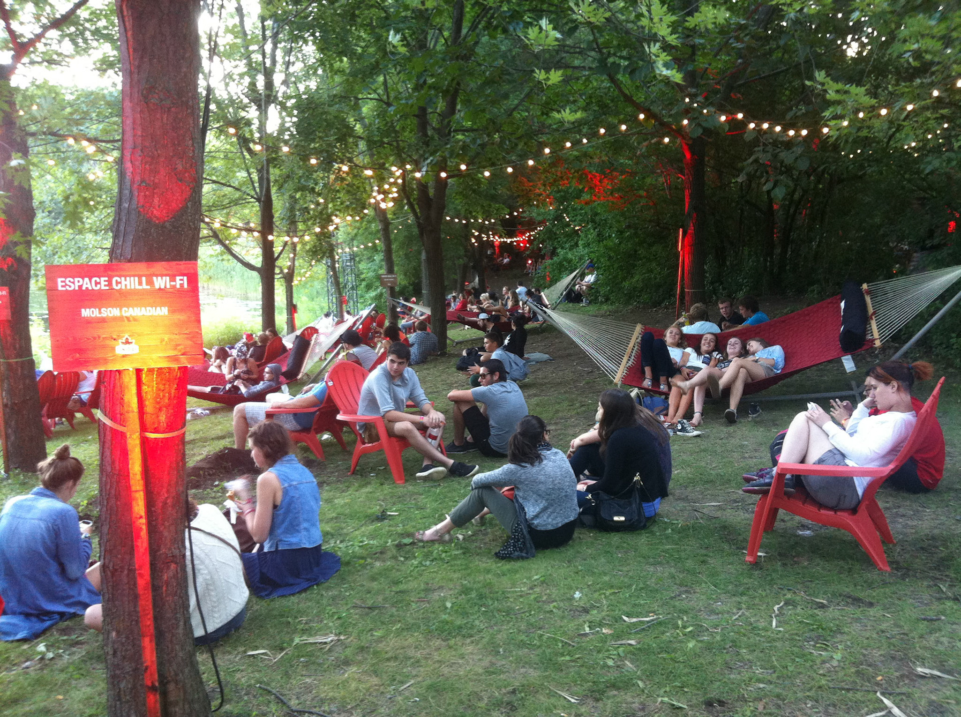 Excellent marketing: the Molson Canadian wifi chill zone with wonderful picknic lighting and hammocks