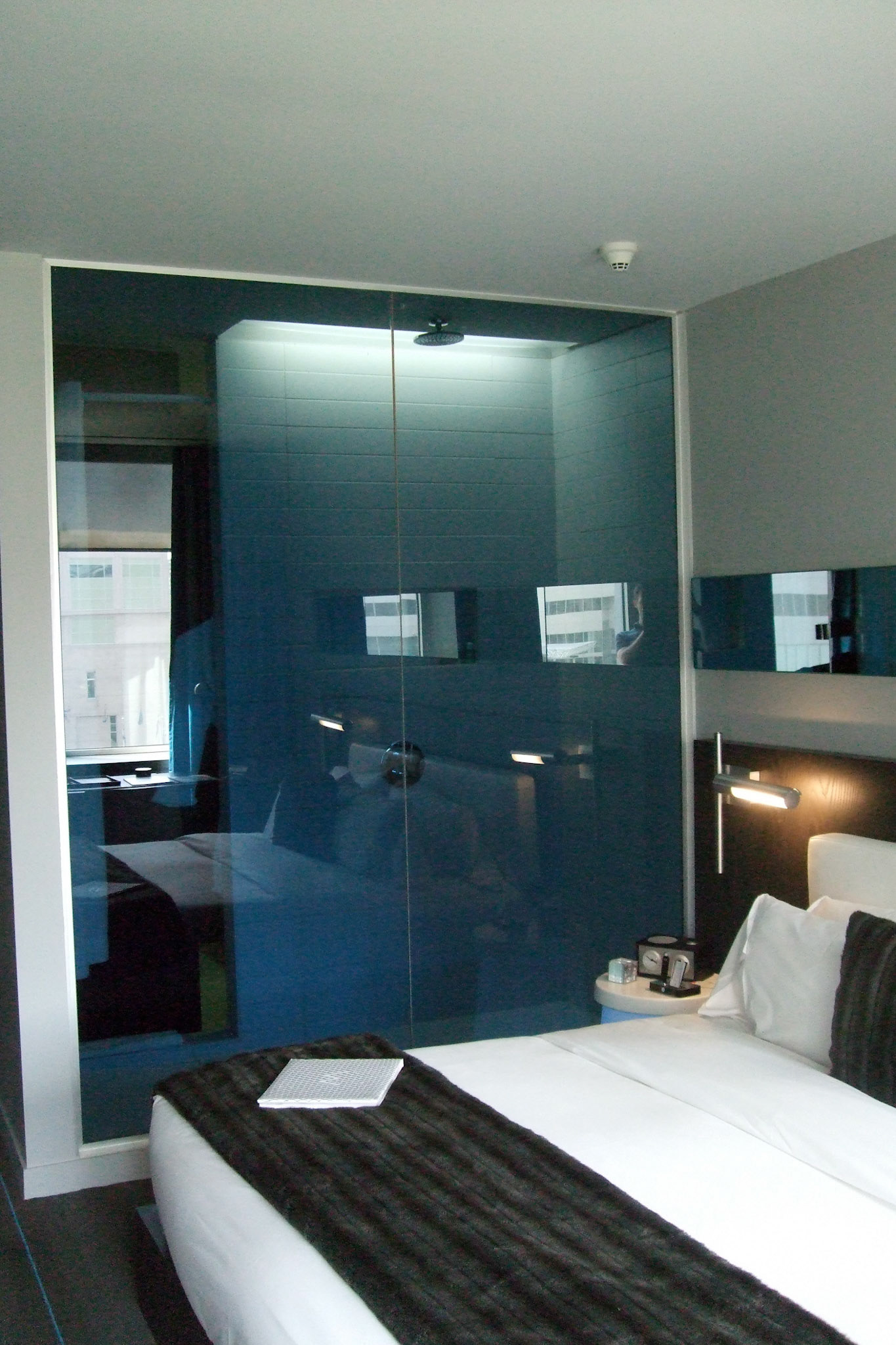 Beyond the bed, through the glass wall, is the voyeur shower. Fun!