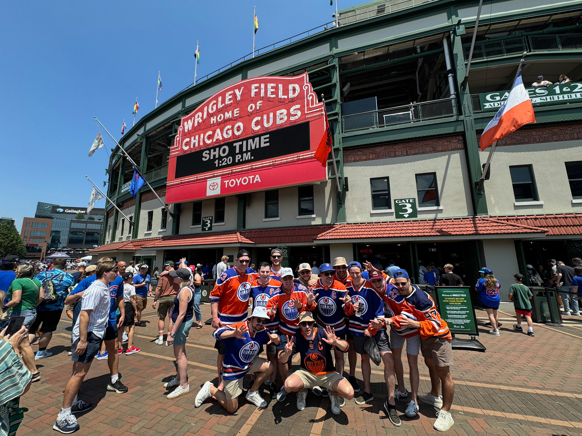 Edmonton Oiler's fans hyping it up outside Wrigley Field