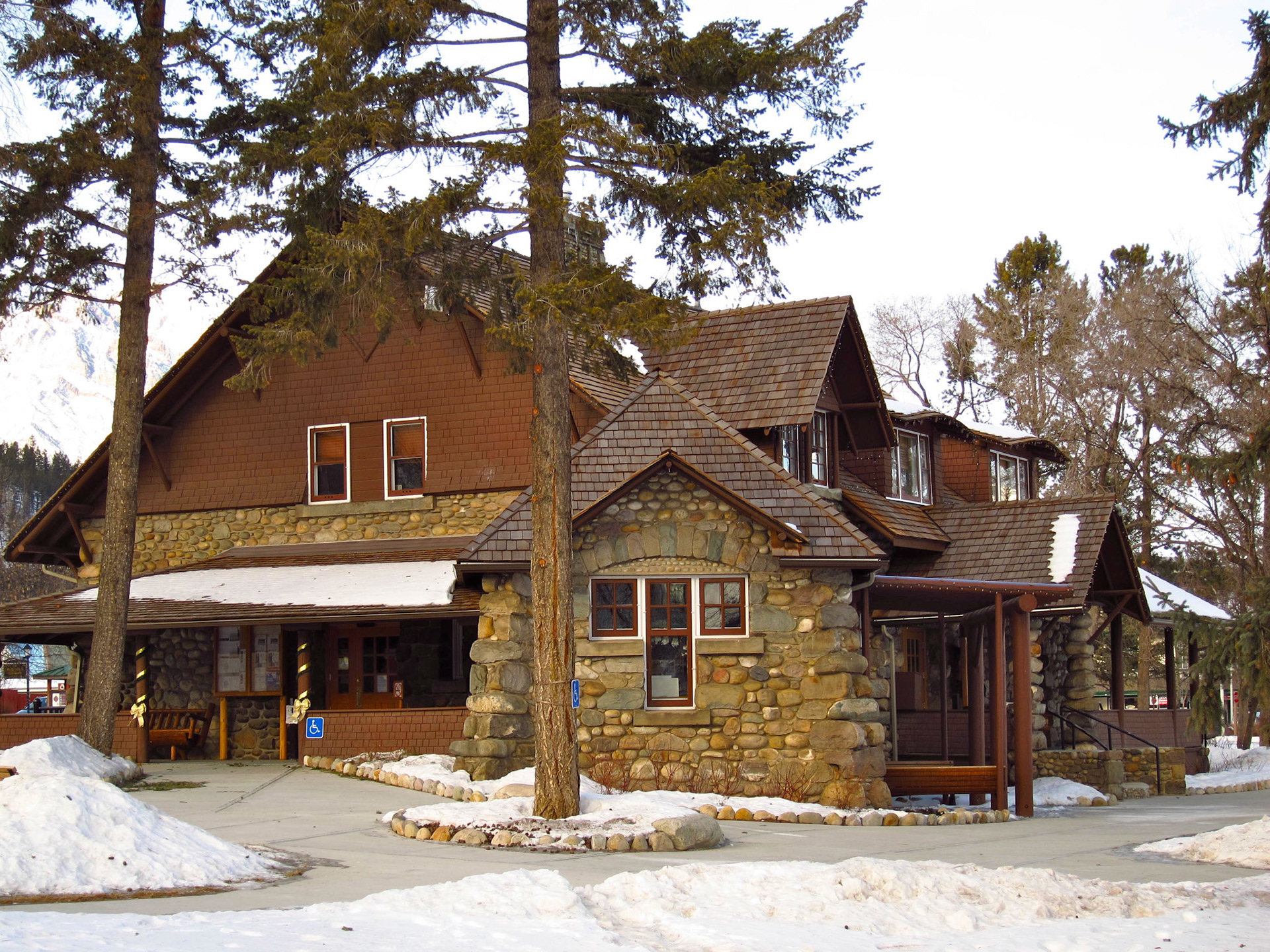 The stone and timber historic Jasper National Park info centre