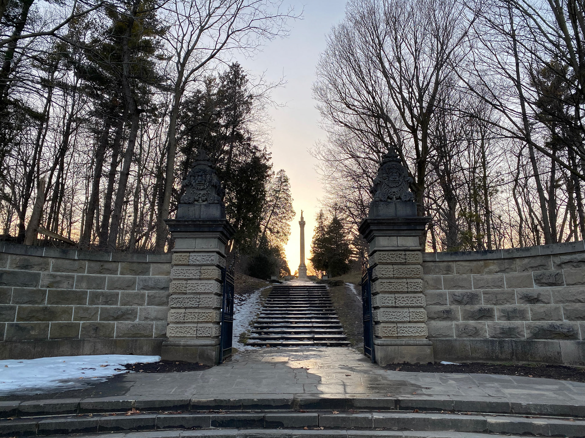 Looking up at the Brock Monument from nearer to the river valley