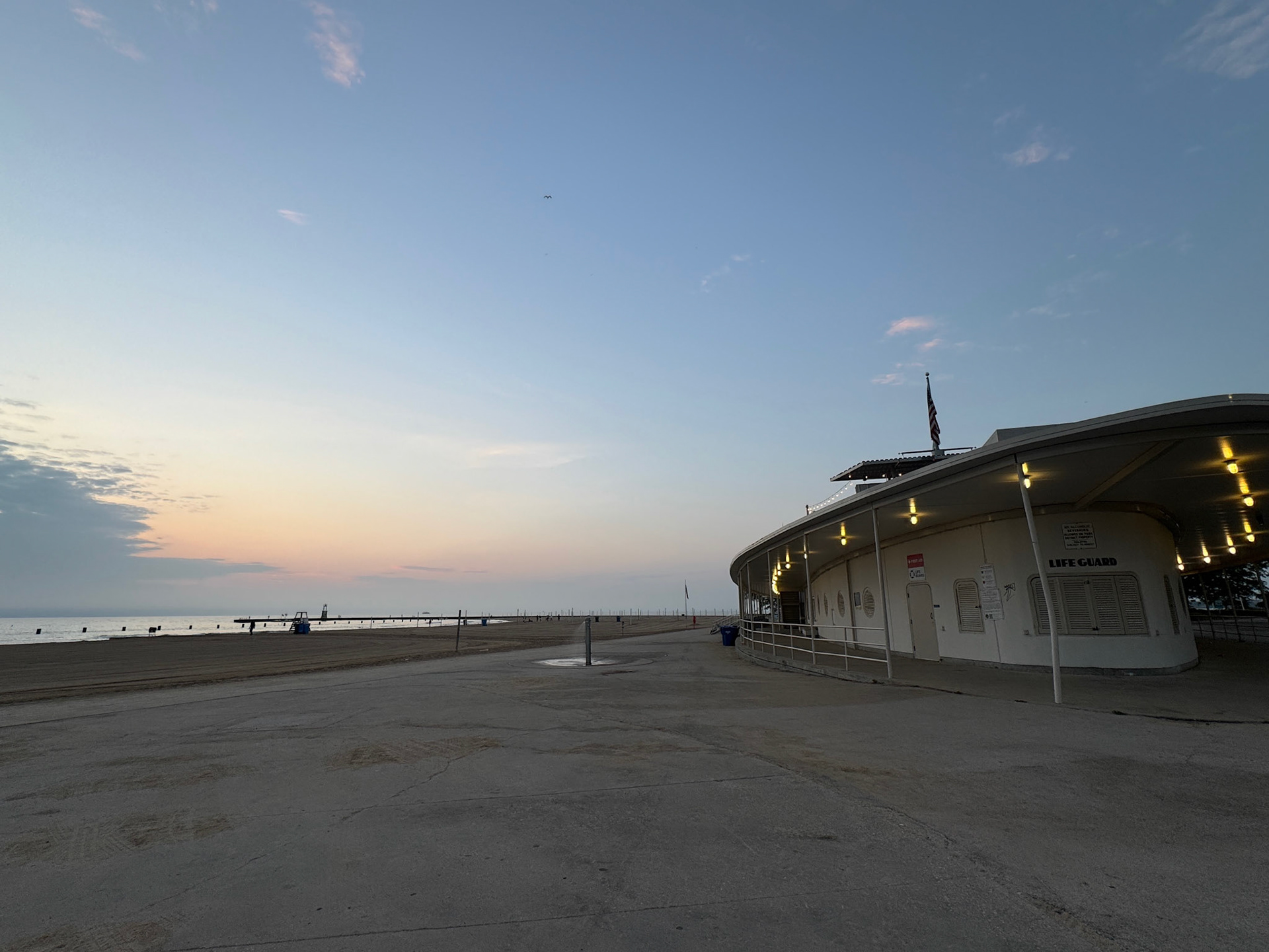 I woke up before the crack of dawn, and was inspired to head to North Avenue Beach, where I'd read you get the best sunrise views of Lake Michigan and the Chicago skyline. The beach pavilion is shaped like an ocean liner