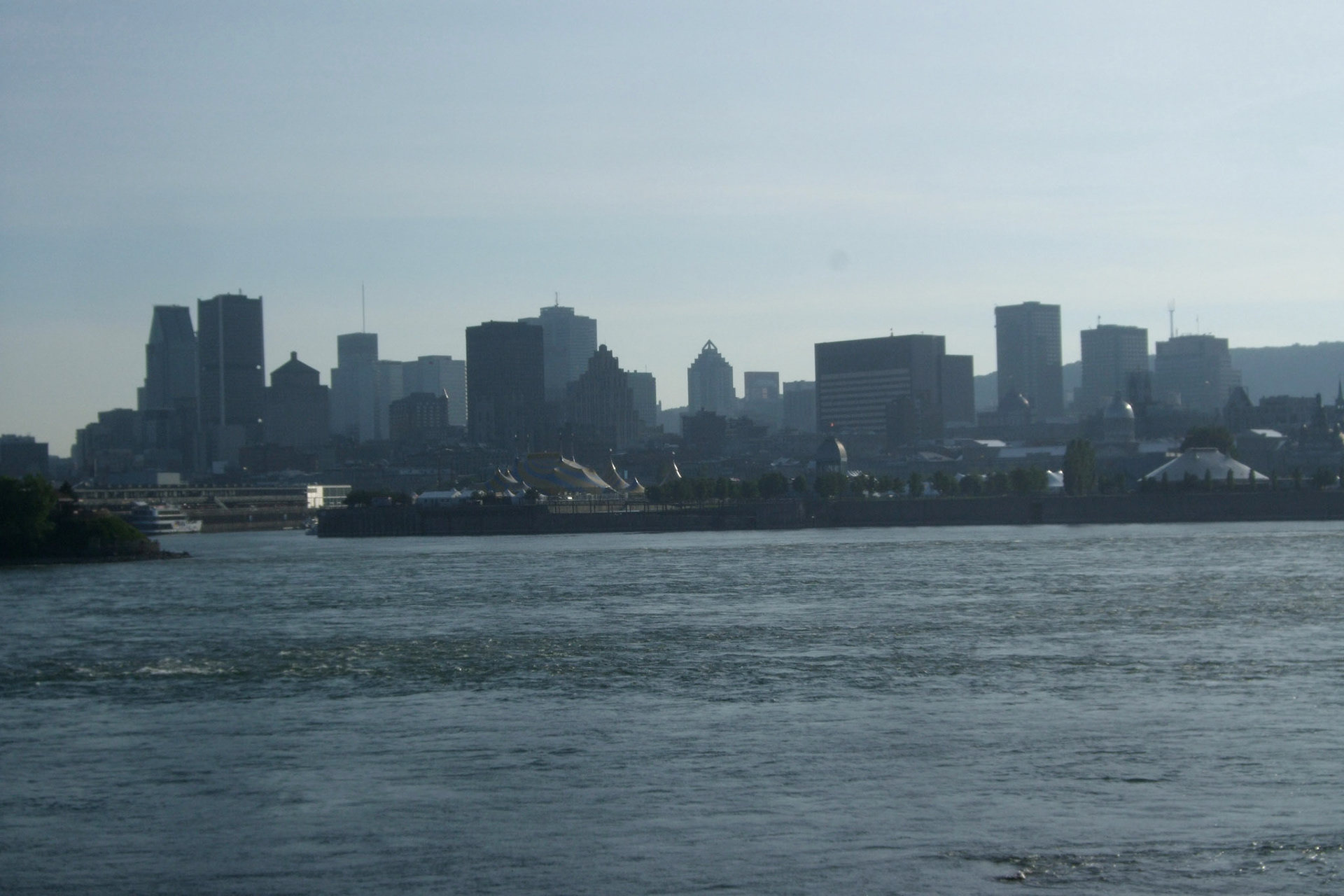 The Montreal skyline across the Saint Lawrence from Ile Sainte Helene