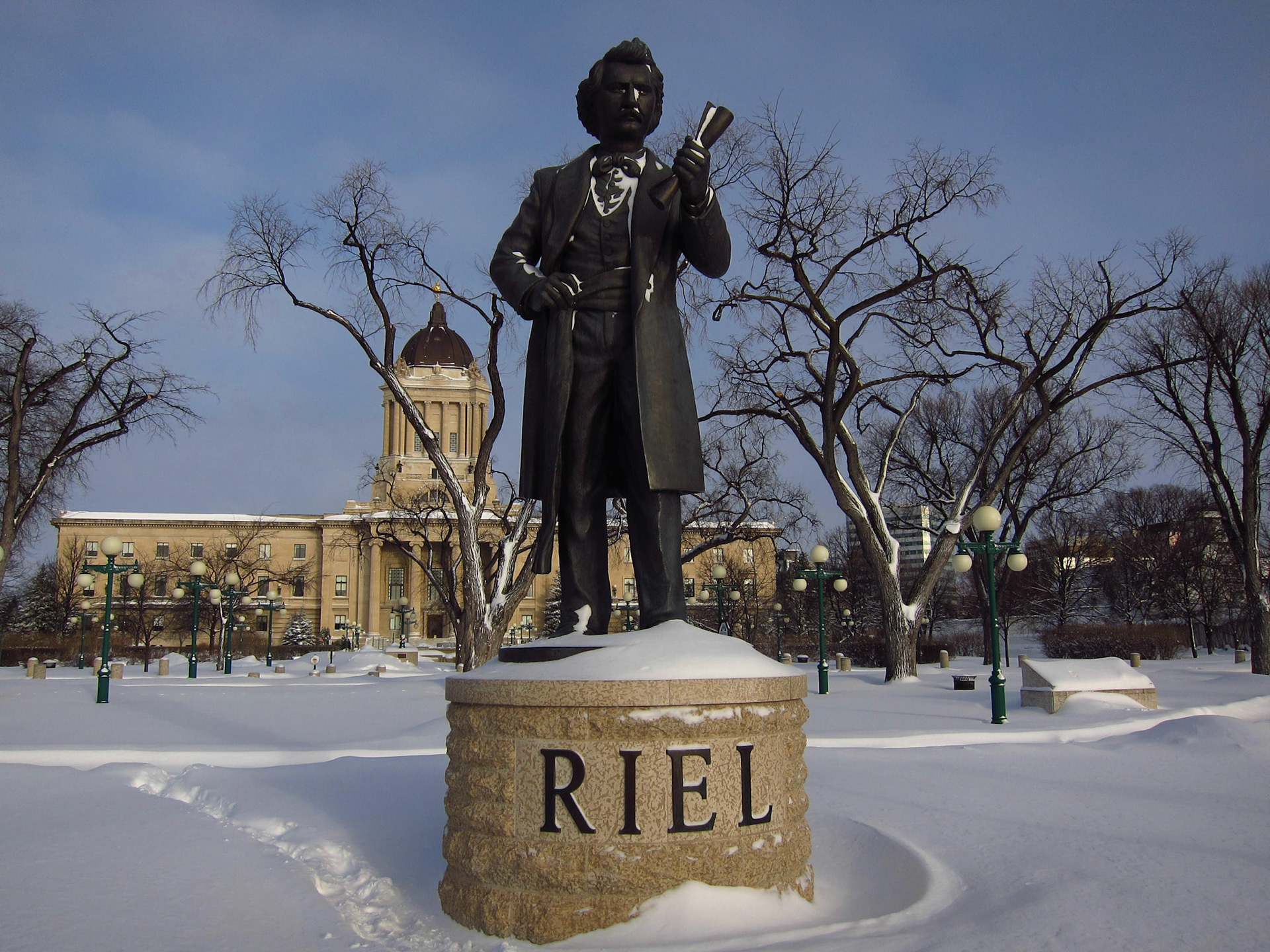A statue to Louis Riel stands in front of the legislature. He was a founder of Manitoba and fought for Metis and Francophone rights. He was hanged for his rebellion; but has become a folk hero
