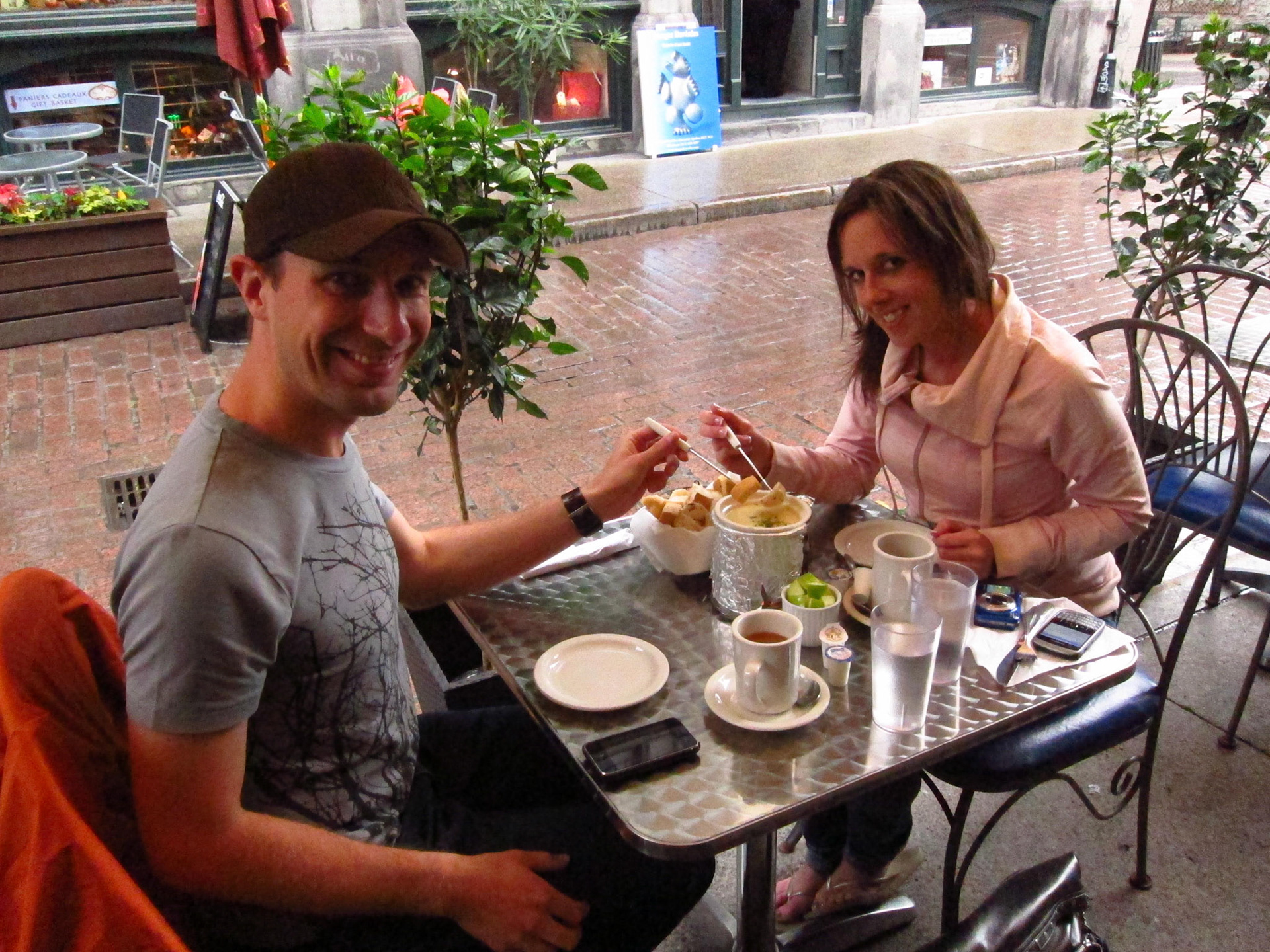 Yet another stop on our epicurian tour: Fondue for Two - under an awning as it rains. Bliss