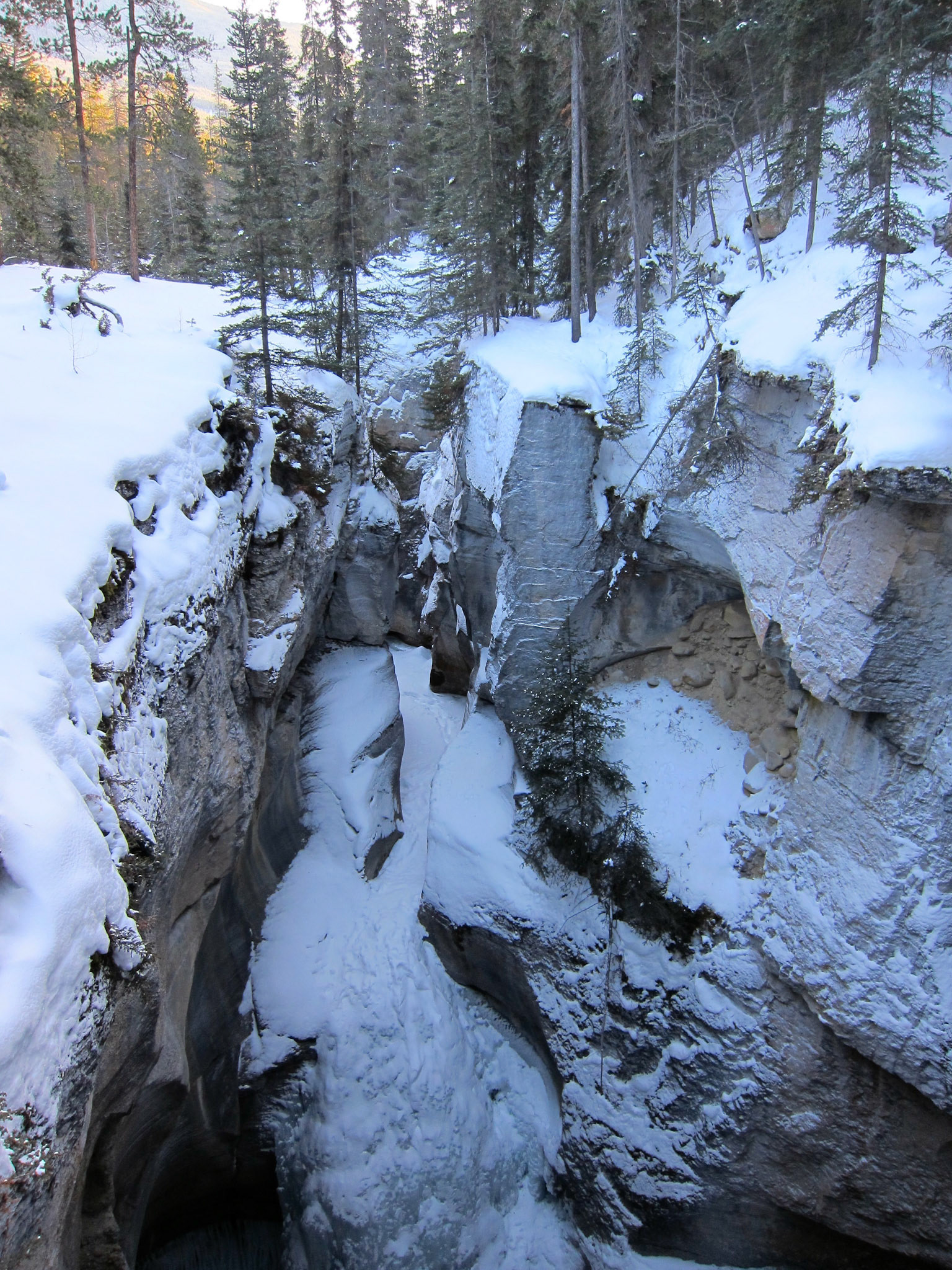 Peering down into the canyon to the frozen Maligne River at the bottom