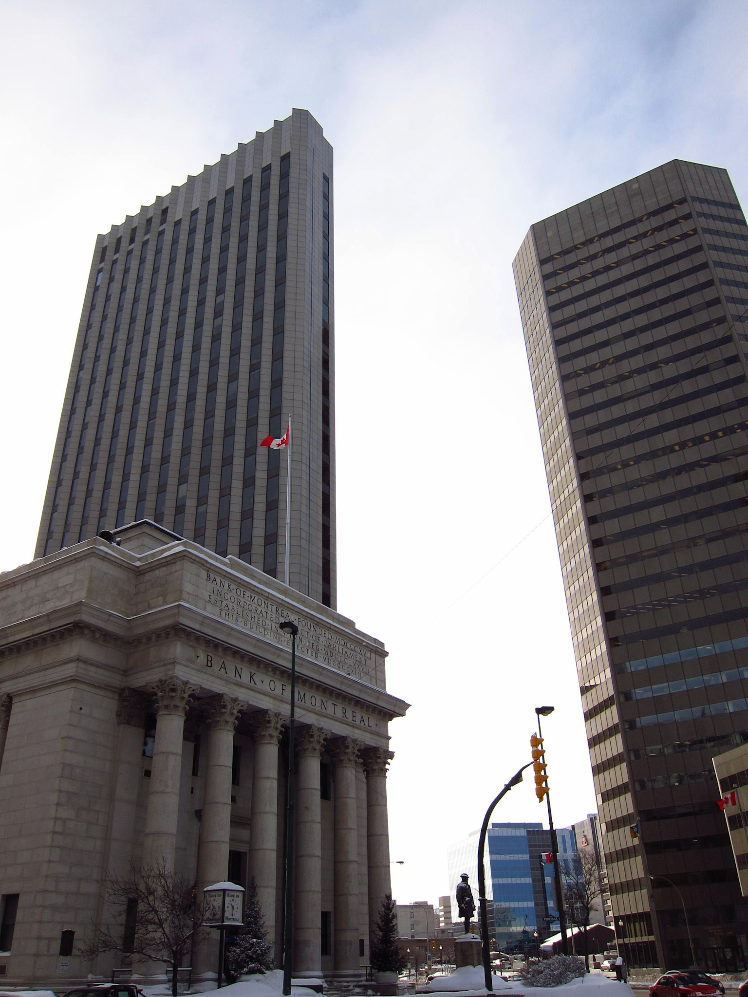 Towering skyscrapers and beautiful historic buildings at Portage and Main