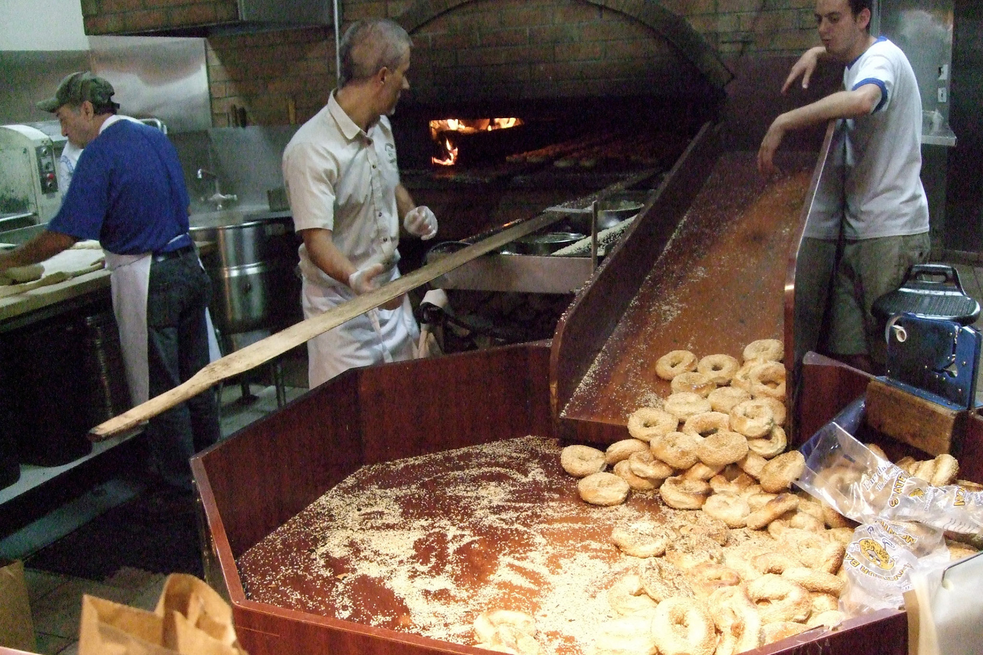 Famous montreal bagals at St. Viateur: boiled so they're soft on the inside, wood-fire toasted so they're crispy outside
