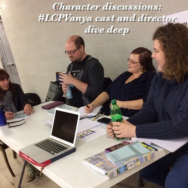 It’s fascinating watching the cast and director discuss the characters of @atthePalace’s production of Christopher Durang’s play “Vanya and Sonia and Masha and Spike”... we’re into the thick of reheasals now! #LCPVanya