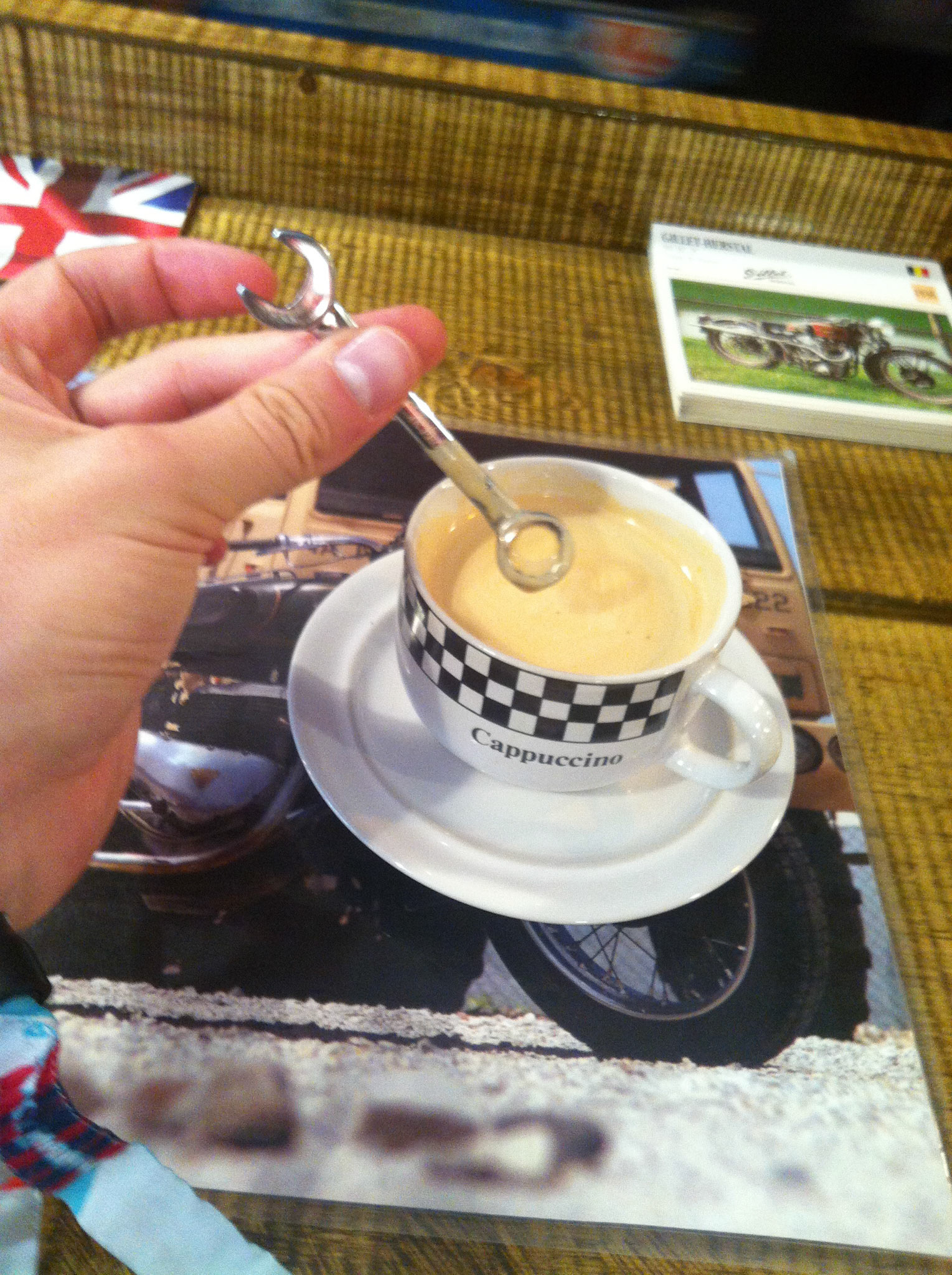 A nifty stiring implement for my cappucino in Montreal. This is at "Le 63" - an ultra hip vintage motorcycle shop on Mount-Royal