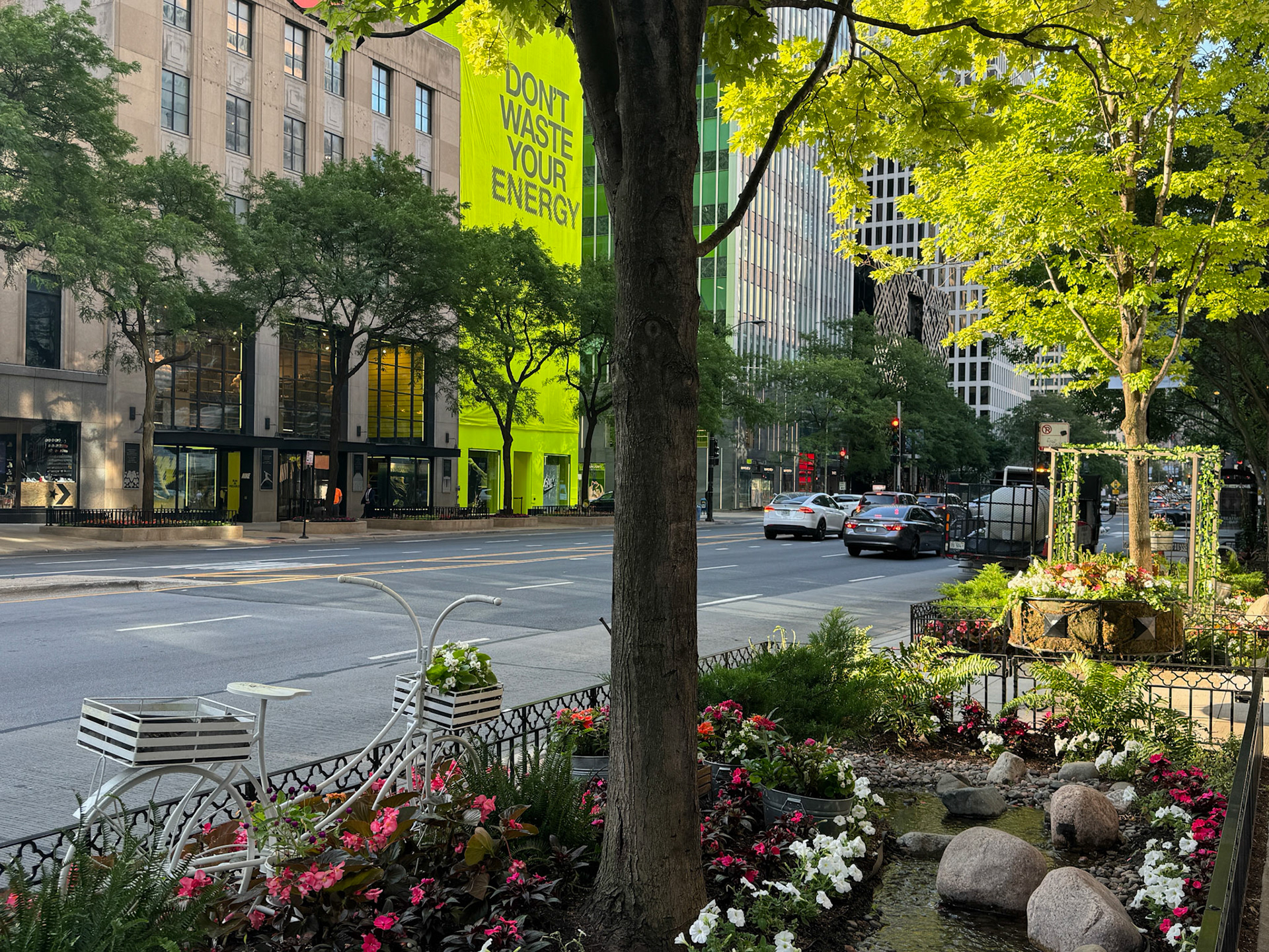 The Magnificent Mile is a high-end shopping district along North Michigan Avenue. The street is lined with beautiful gardens.