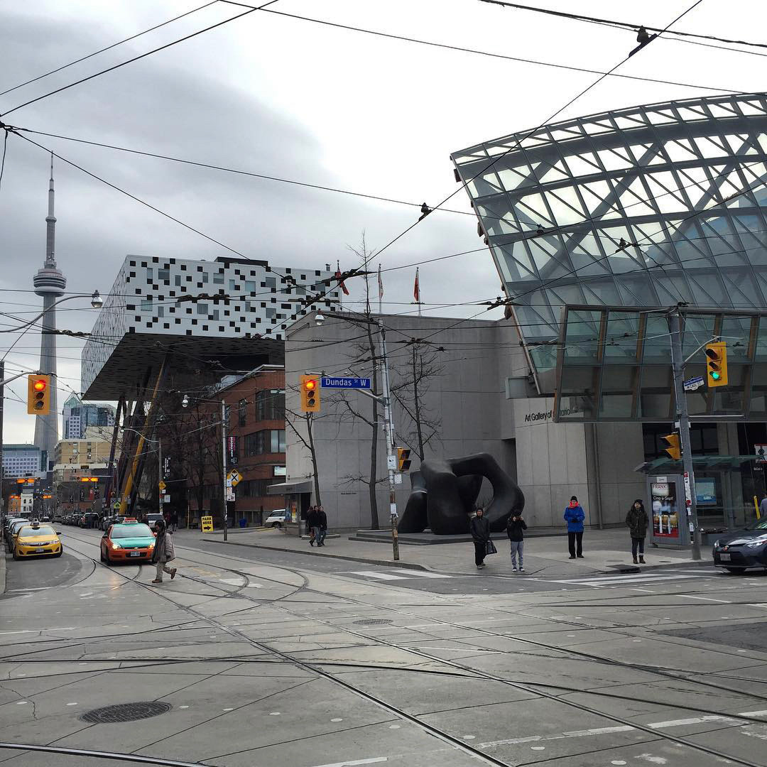 Three icons of Toronto architecture in one frame: AGO, OCAD, CN Tower