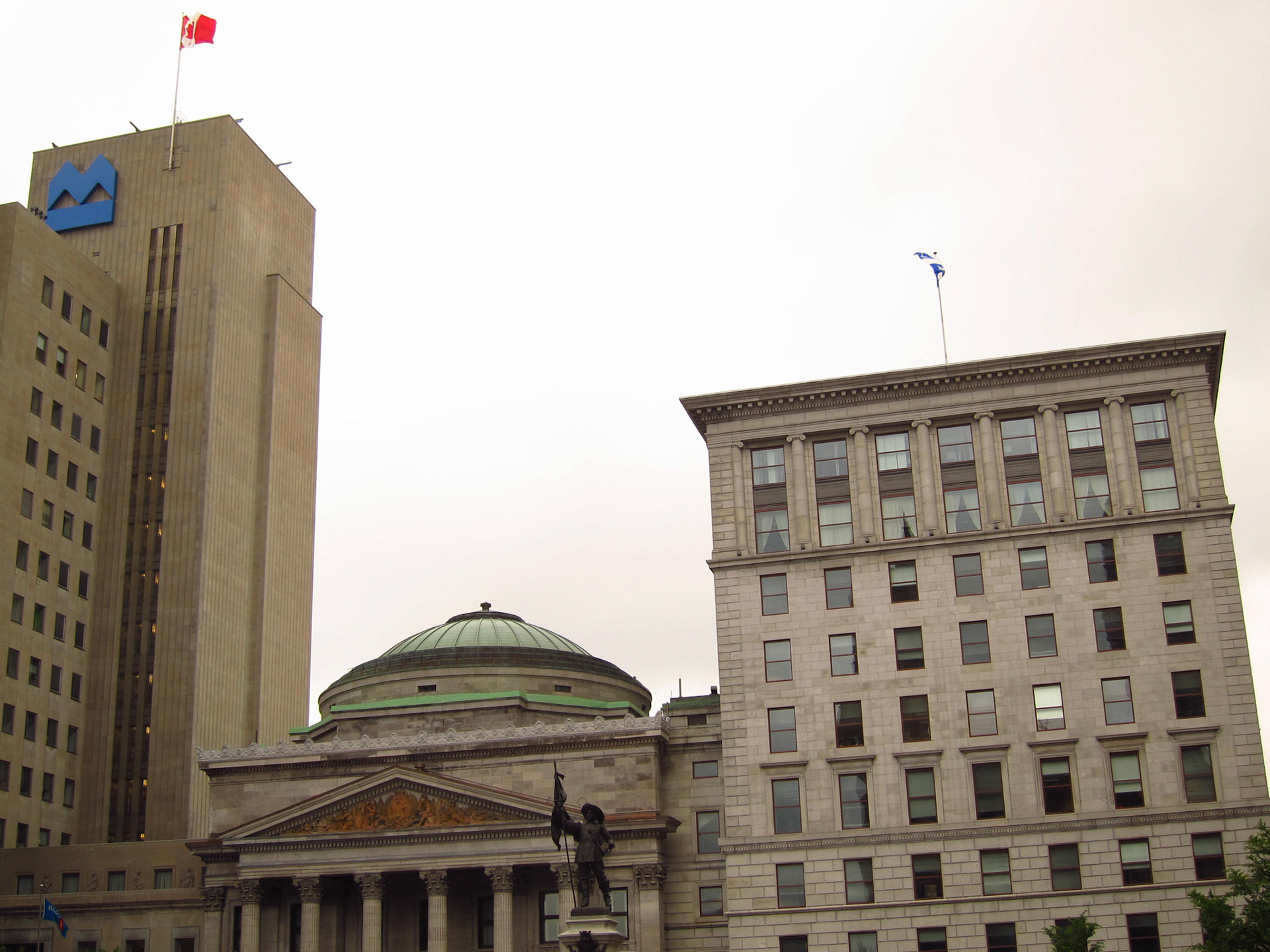 In the heart of Old Montreal - the Place d'Armes square with The Bank of Montreal