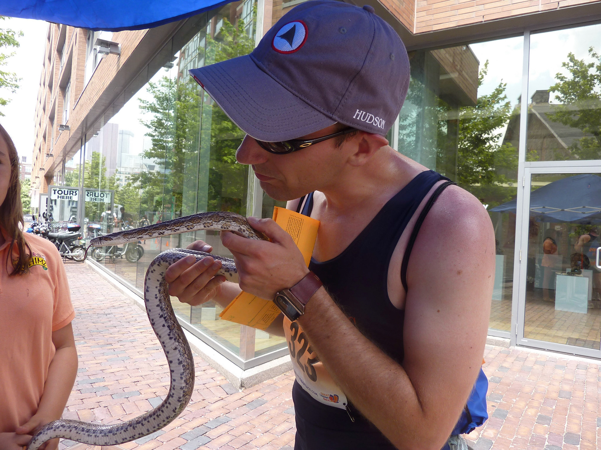 In the Distillery District, making friends with a snake