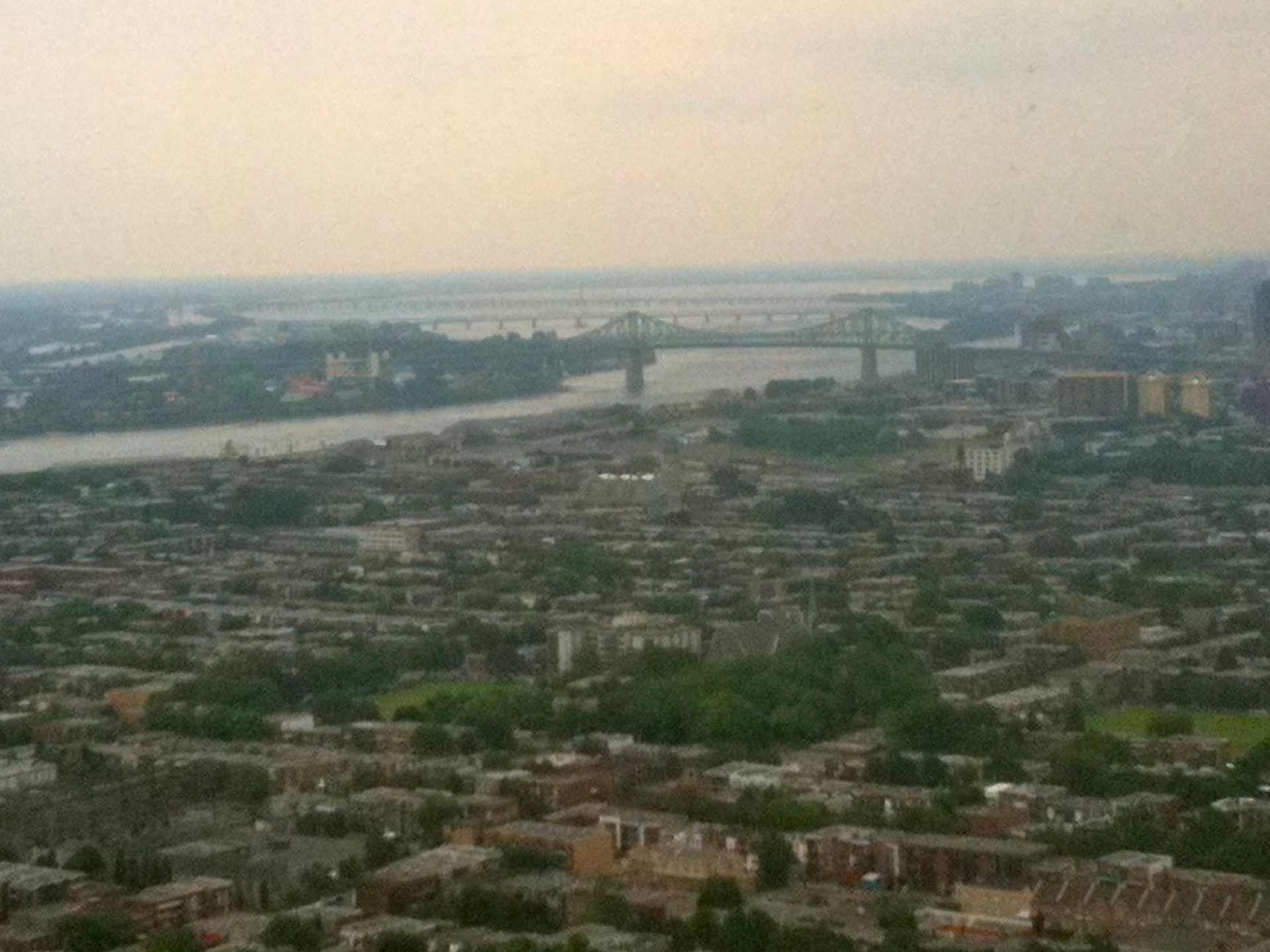 Looking from the Olympic Stadium tower across Montreal and the Saint Lawrence River