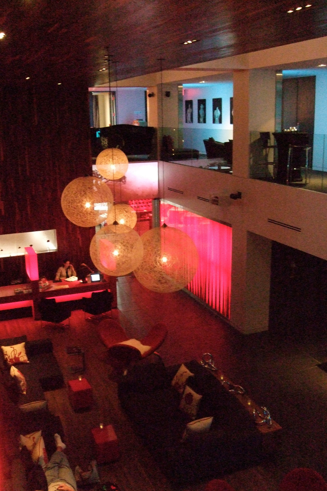 The nightclub/lounge-like lobby of the W Hotel Montreal