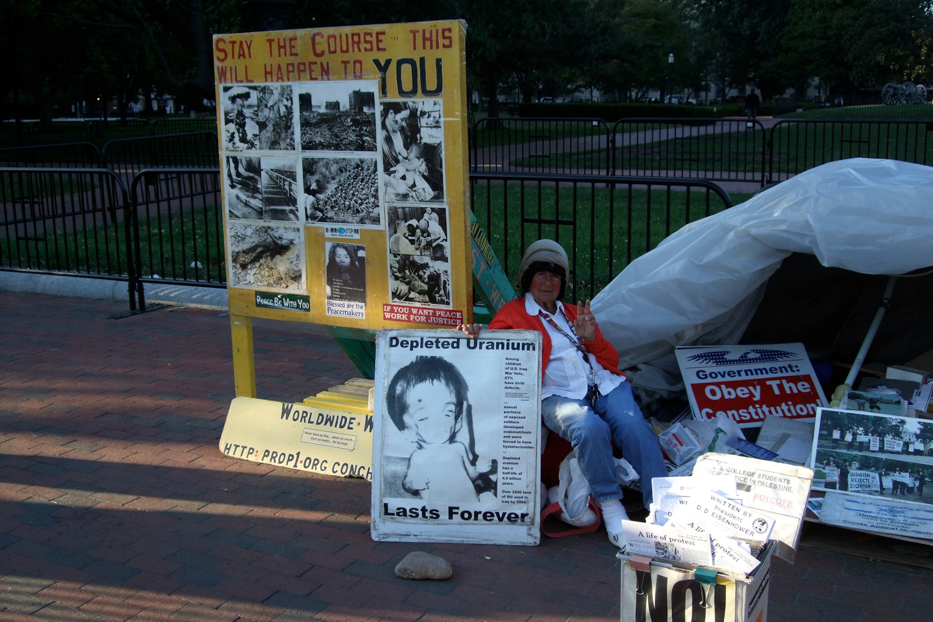 The anti-nuclear protest that has been at the White House for years and years. Not sure how long she's been involved with the protest.