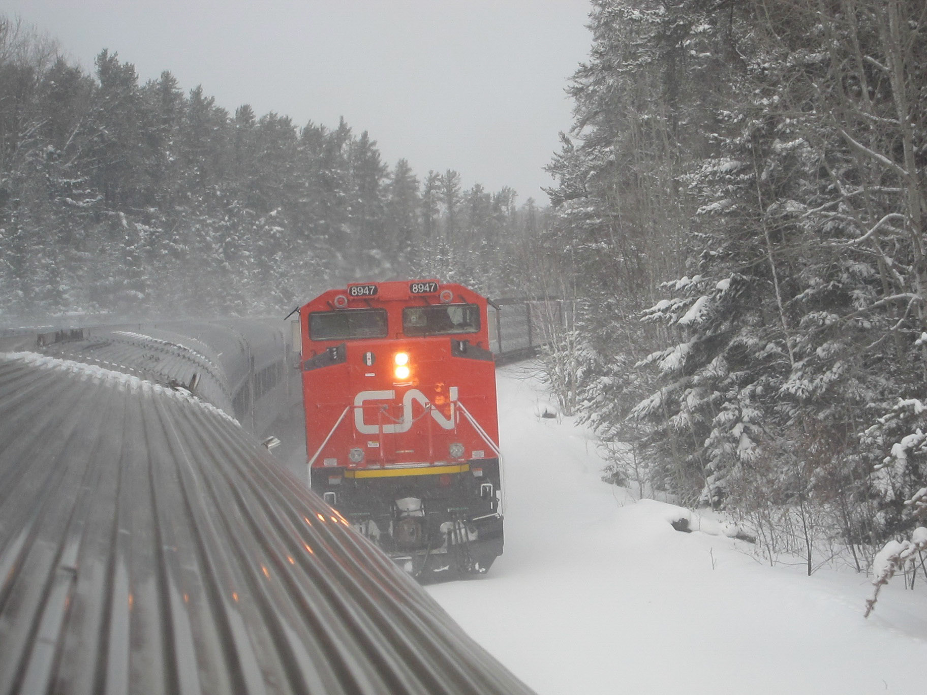 Pausing on one of the switches to let a CN freight train go by.