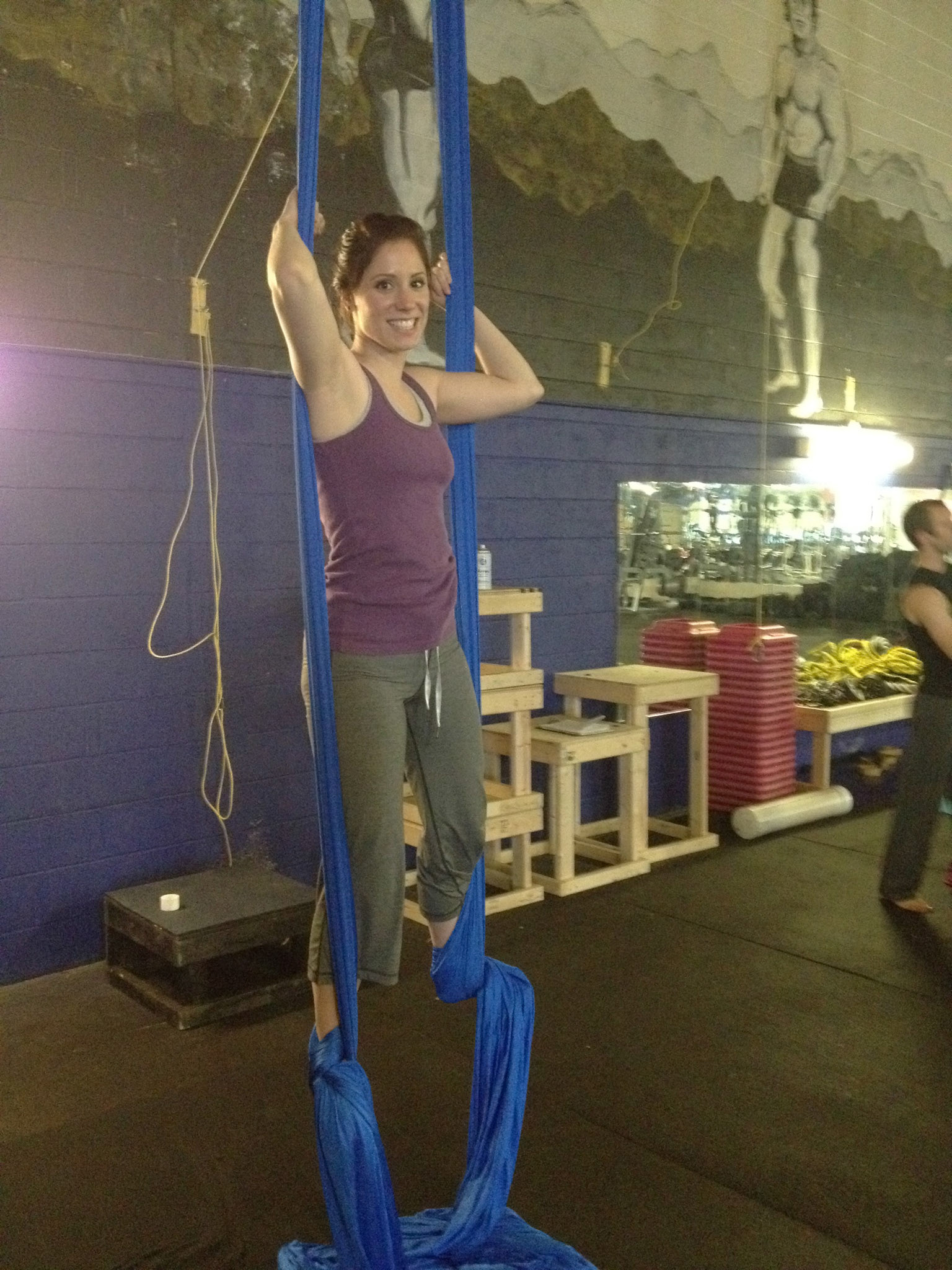 Class #2: Megan and I laughed at the cheesy Arnold mural on the wall. Mattox Circus Company operates at a gym on Exeter Road