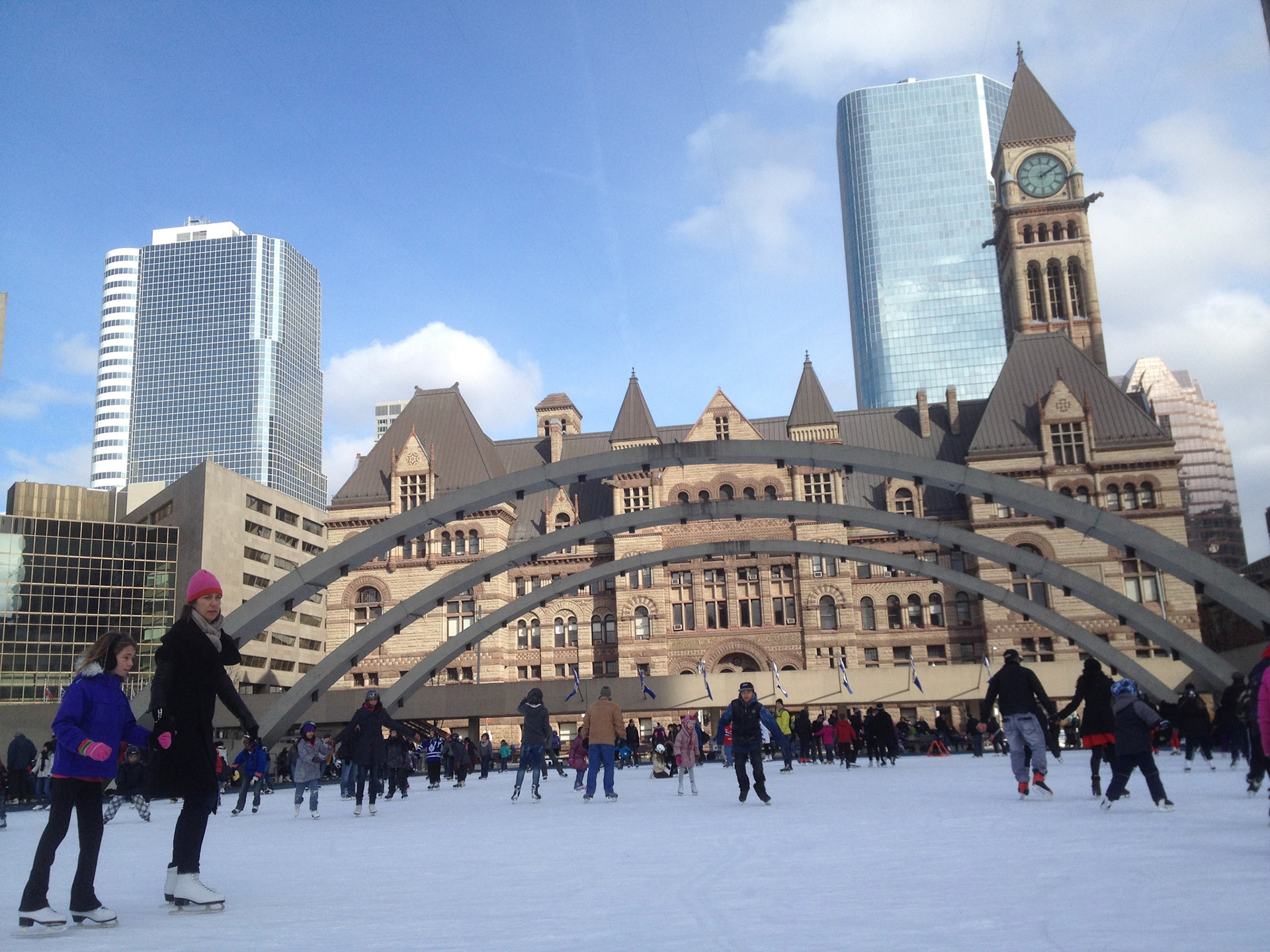 Skaters on a crisp February morning at Nathan Phillips Square