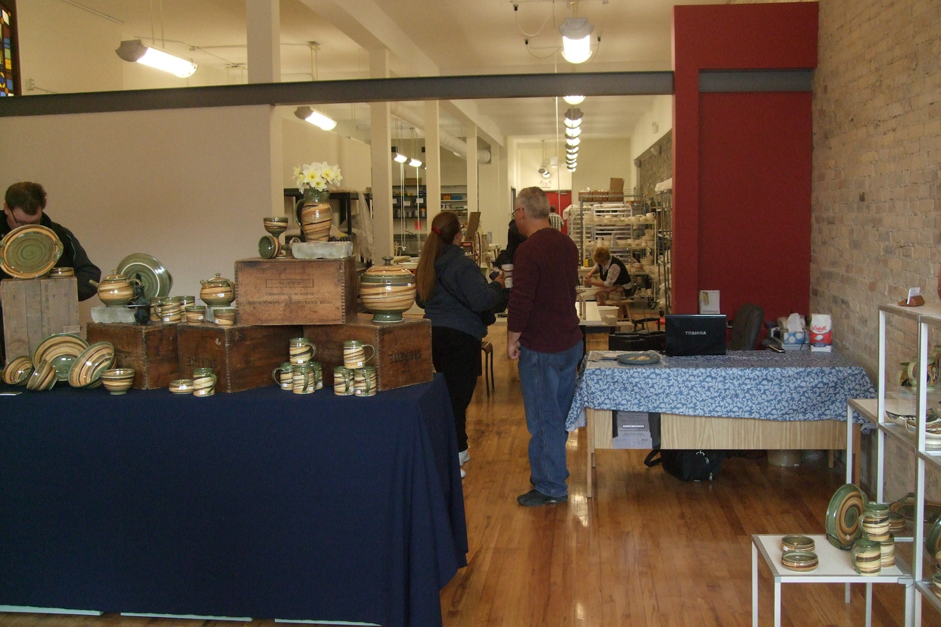 Looking back from the gallery space into the studio workshop at the London Clay Art Centre