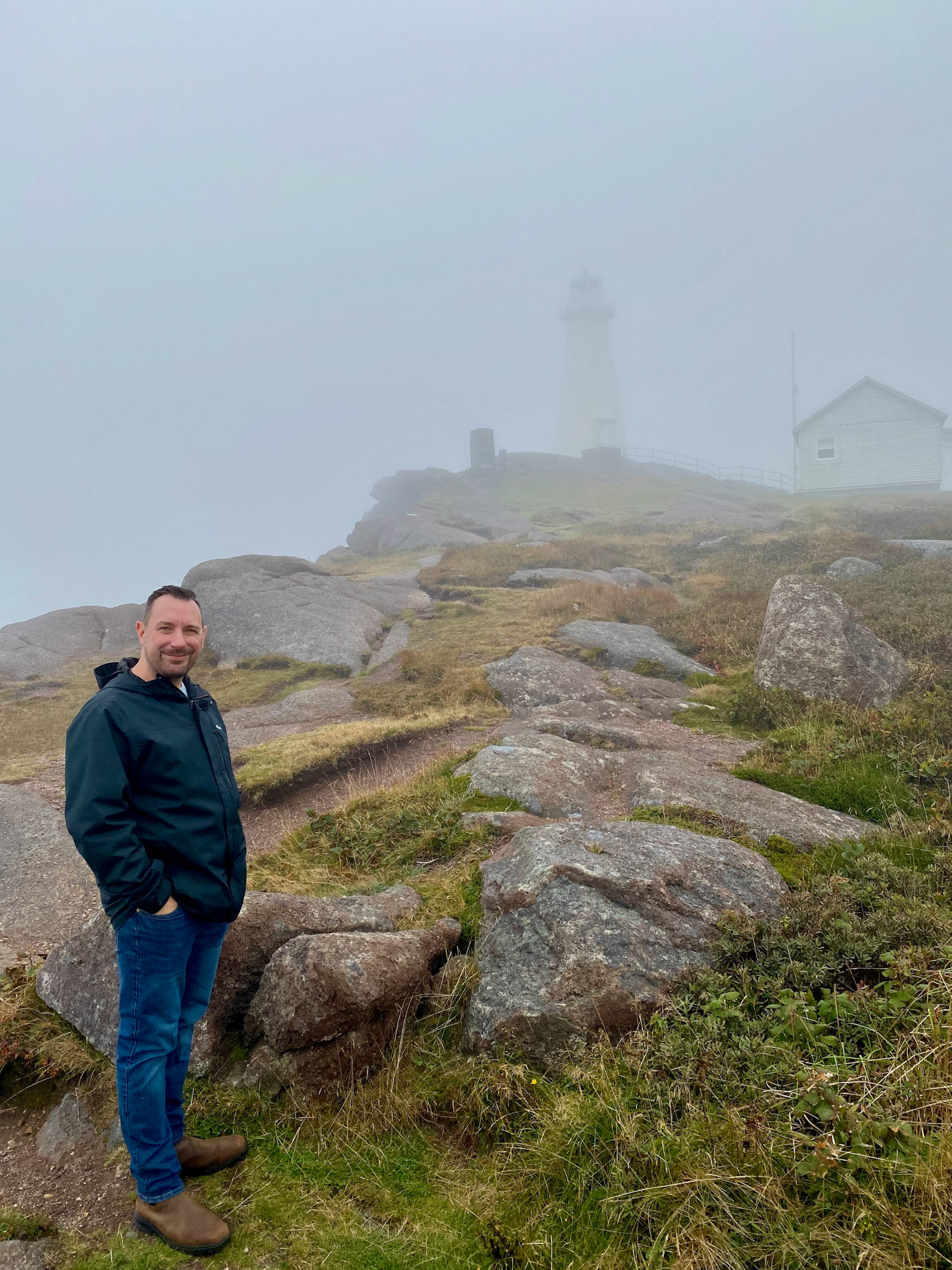 Cape Spear, the most easterly point in North America, was so captivating in the dense fog. The sound of power of the roaring Atlantic was pierced every minute by the spooky fog horn.