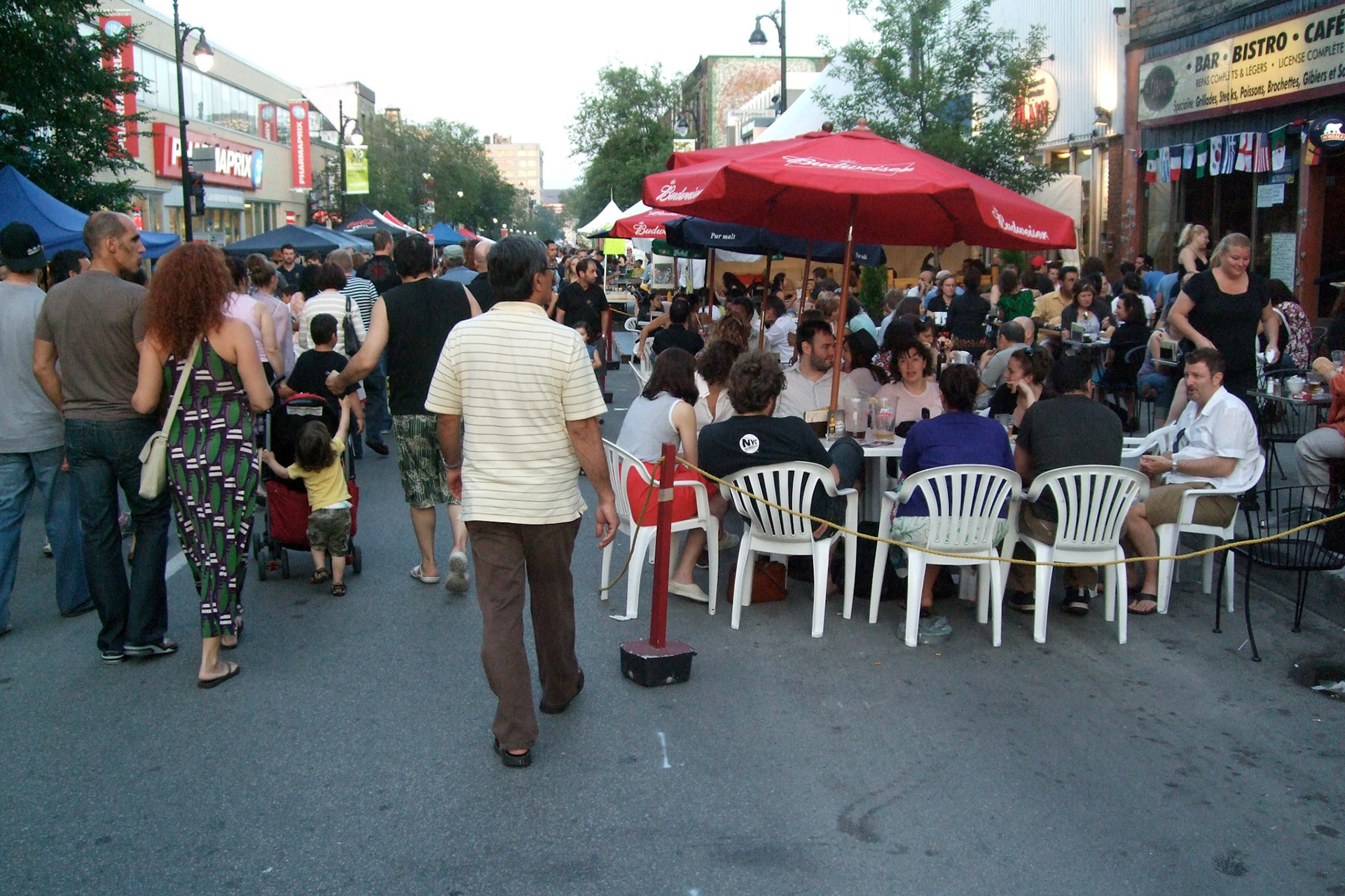 All of the restaurants and shops along Saint Laurent set up along the street